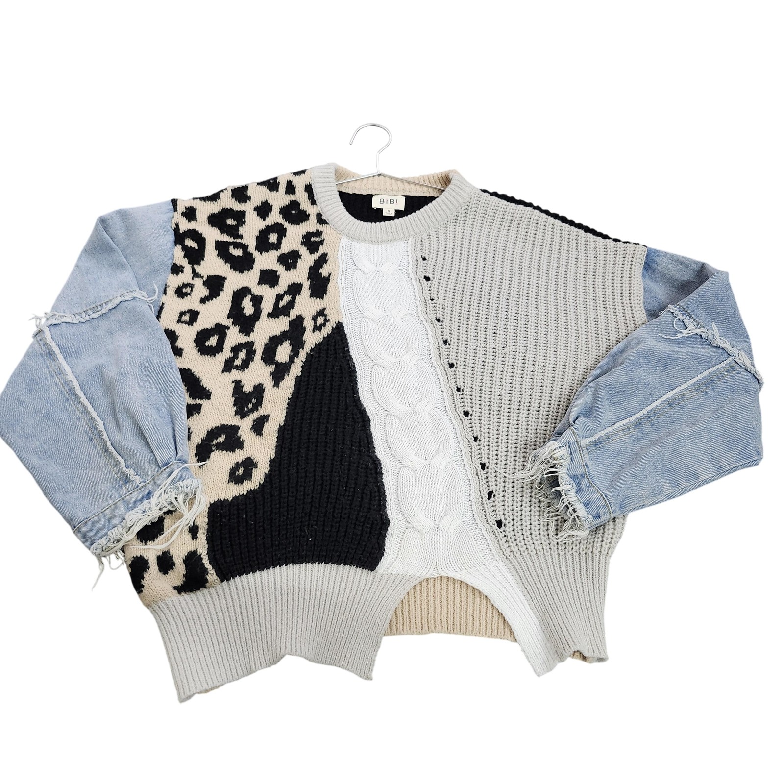 BiBi Sweater Womens Small Leopard Colorblock Denim Sleeve Knit Pullover Balloon