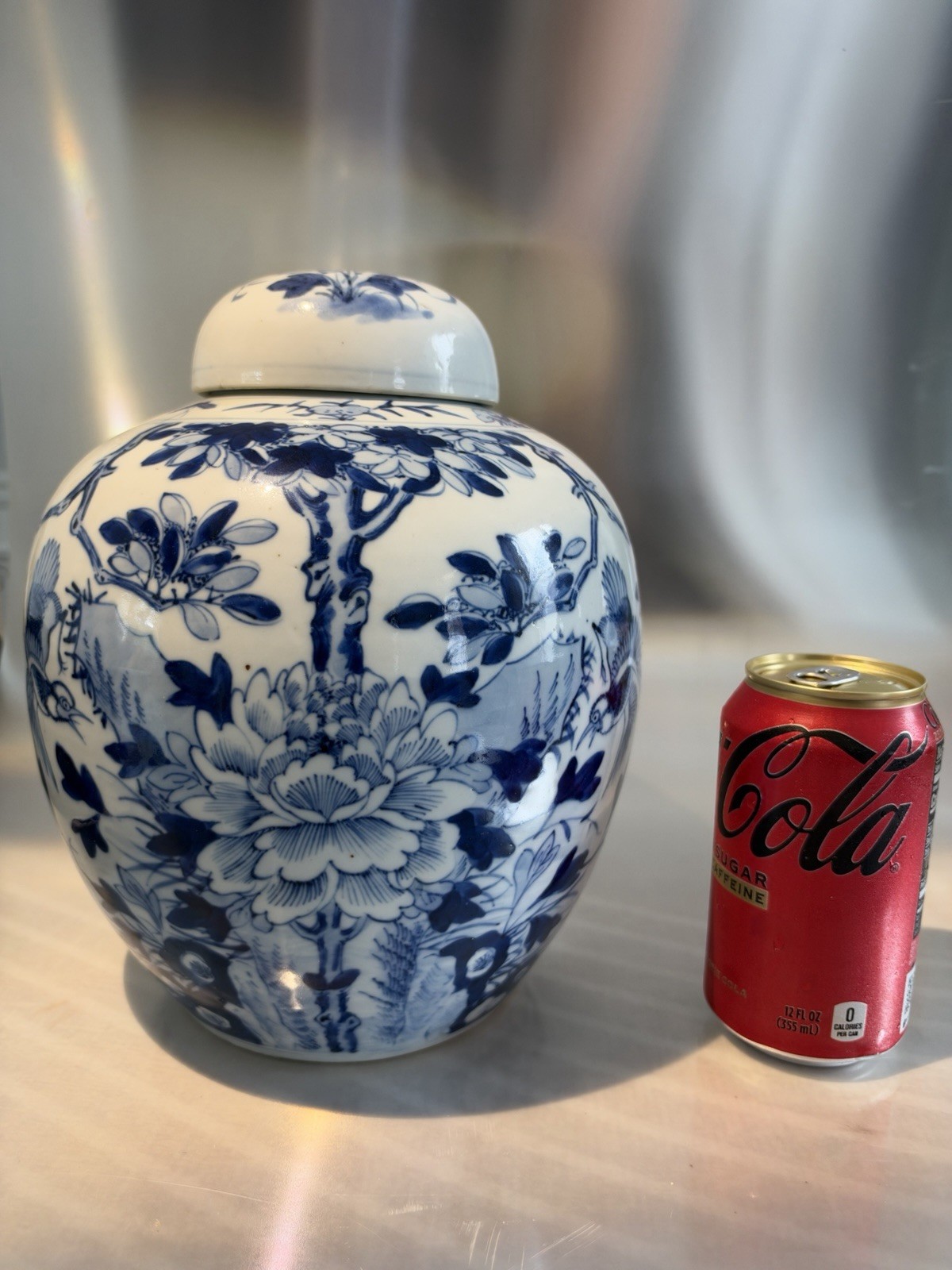 Antique Chinese Blue White Ginger Jar Lidded, Peony Bird Decoration, China Mark