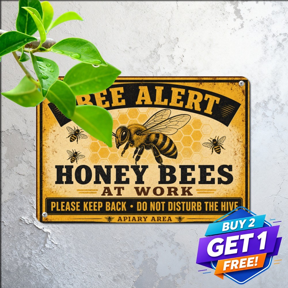 Funny Honey Bees Hard At Work Caution Metal Tin Sign Apiary Garden Wall Decor