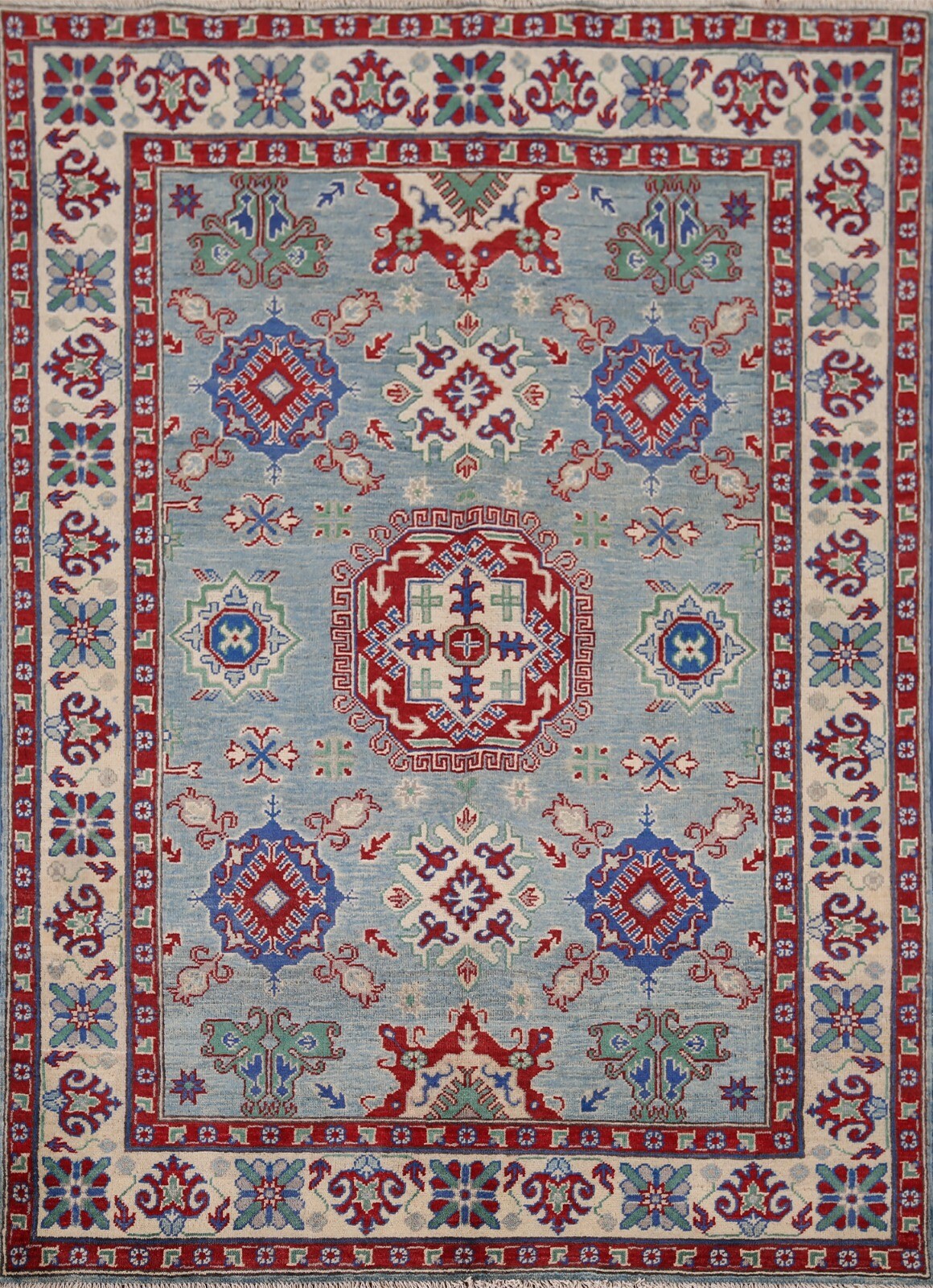 Geometri Super Kazak Oriental Rug 5\'x7\' Light Blue/ Ivory Wool Handmade Carpet
