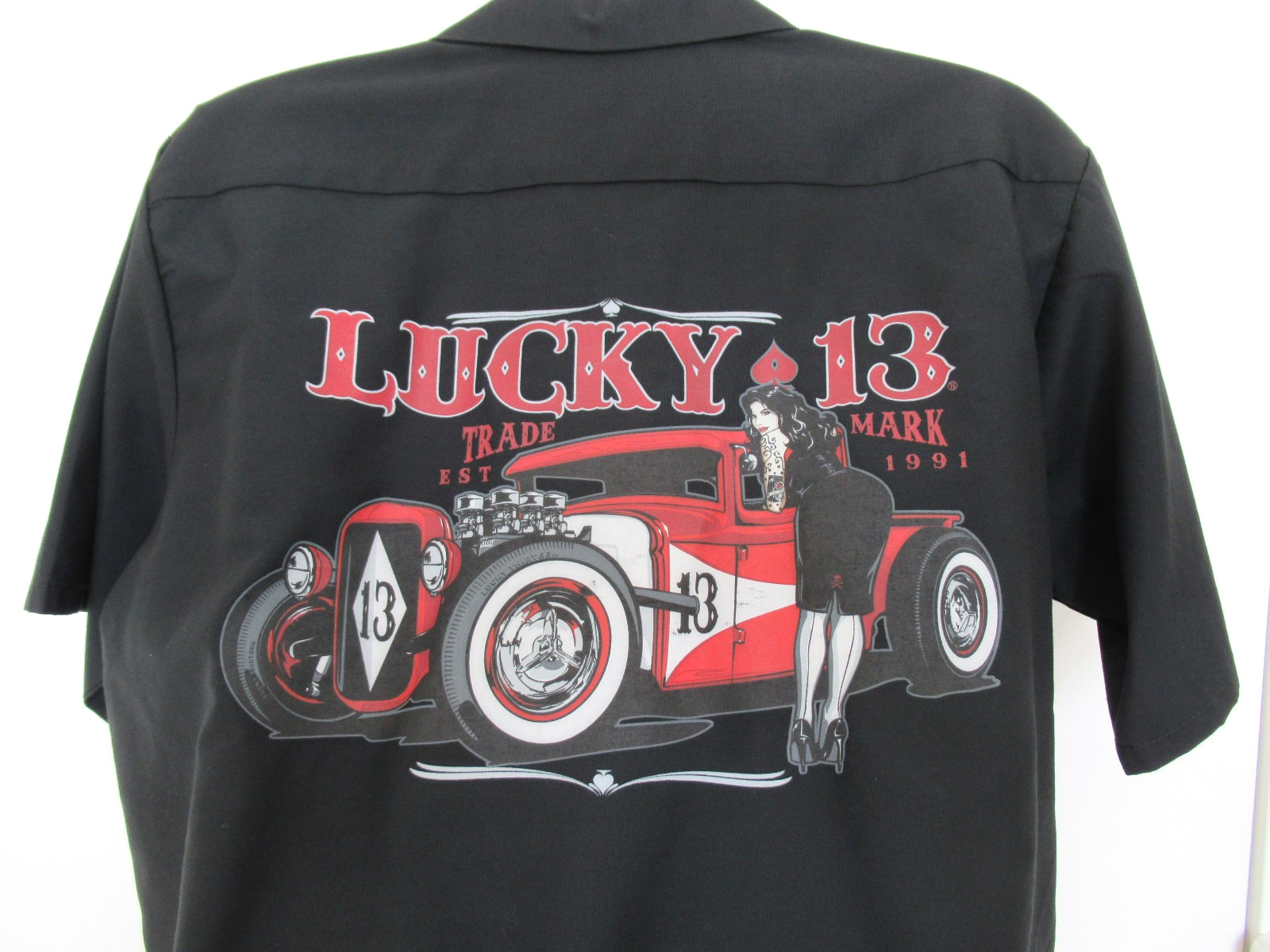 Red Kap Shirt Mens Lucky 13 Hot Rod Graphic Workwear Button Front Size XL Red Kap Shirt Mens Lucky 13 Hot Rod Graphic Workwear Button Front Size XL