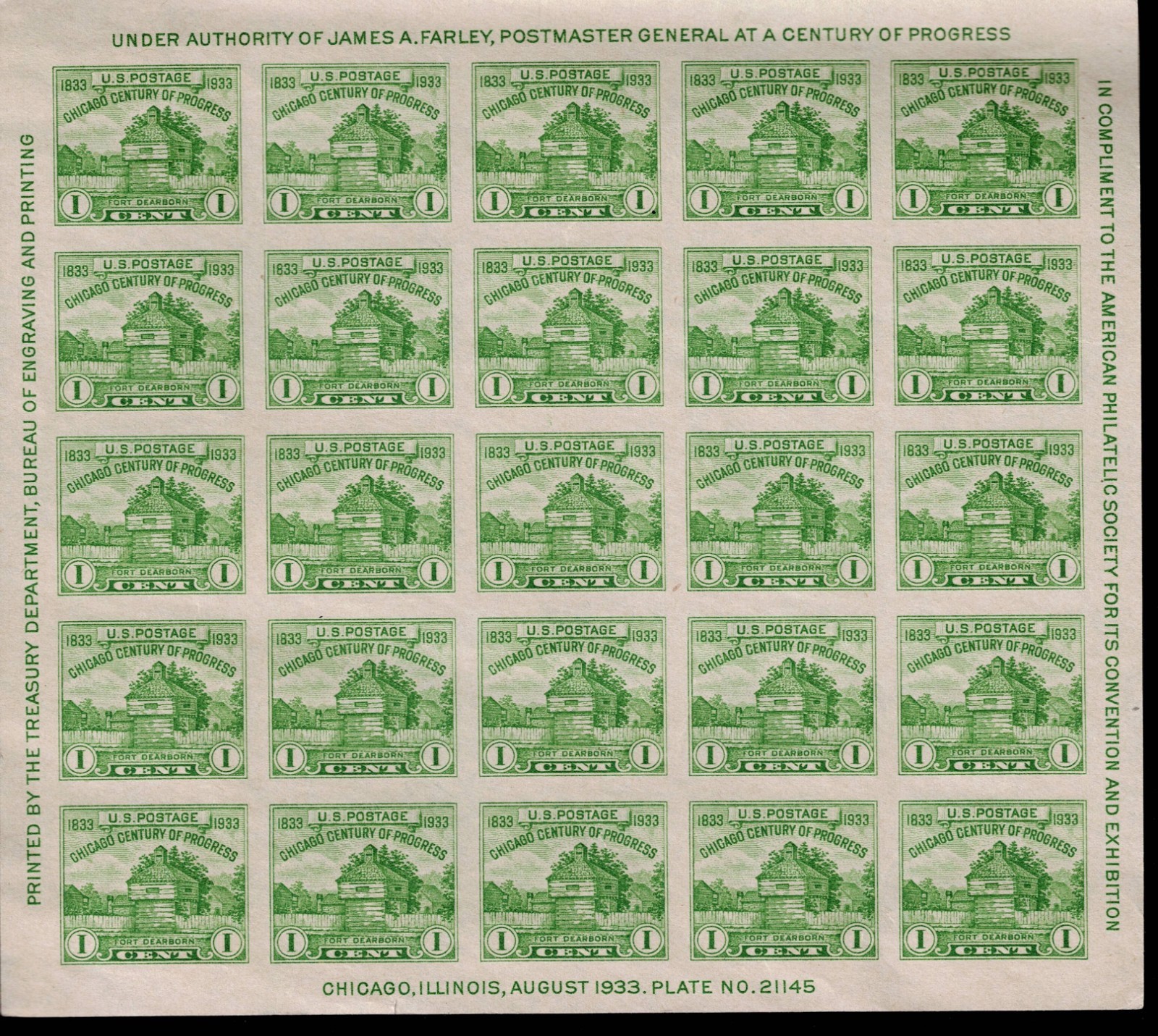 1933 US Chicago Century Progress Sheet Fort Dearborn Plate 21145