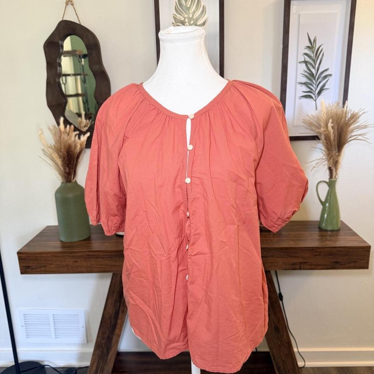 Orange Peasant Blouse Button Front Cottagecore Boho Puff Sleeve Small Orange Peasant Blouse Button Front Cottagecore Boho Puff Sleeve Small