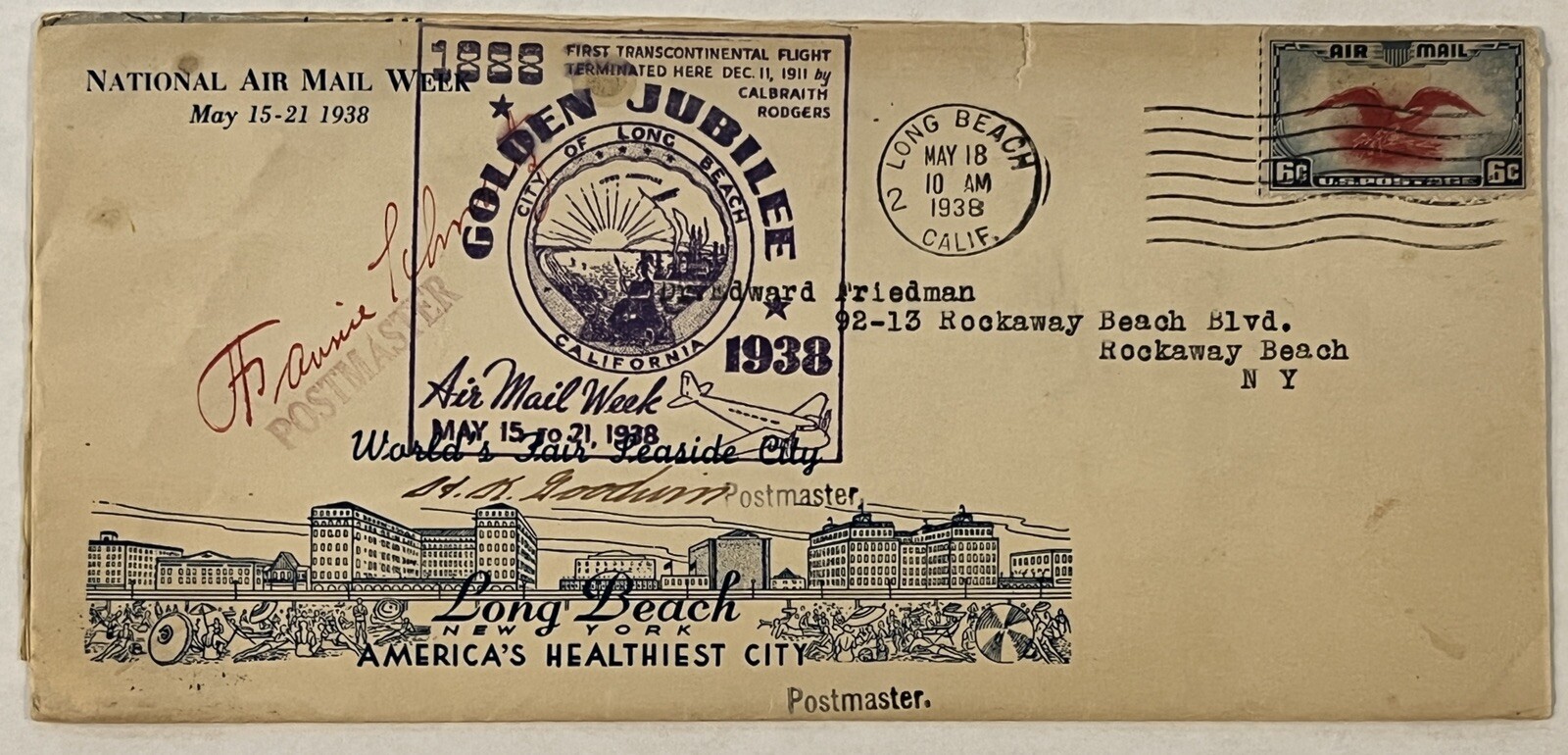 1938 GOLDEN JUBILEE LONG BEACH COVER SIGNED BY 2 POSTMASTERS, PLANE ART ON BACK 1938 GOLDEN JUBILEE LONG BEACH COVER SIGNED BY 2 POSTMASTERS, PLANE ART ON BACK