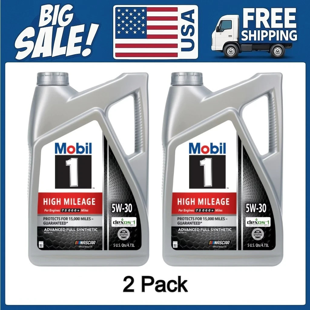 2 pack Mobil 1 High Mileage Full Synthetic Motor Oil 5W-30, 5 Quart