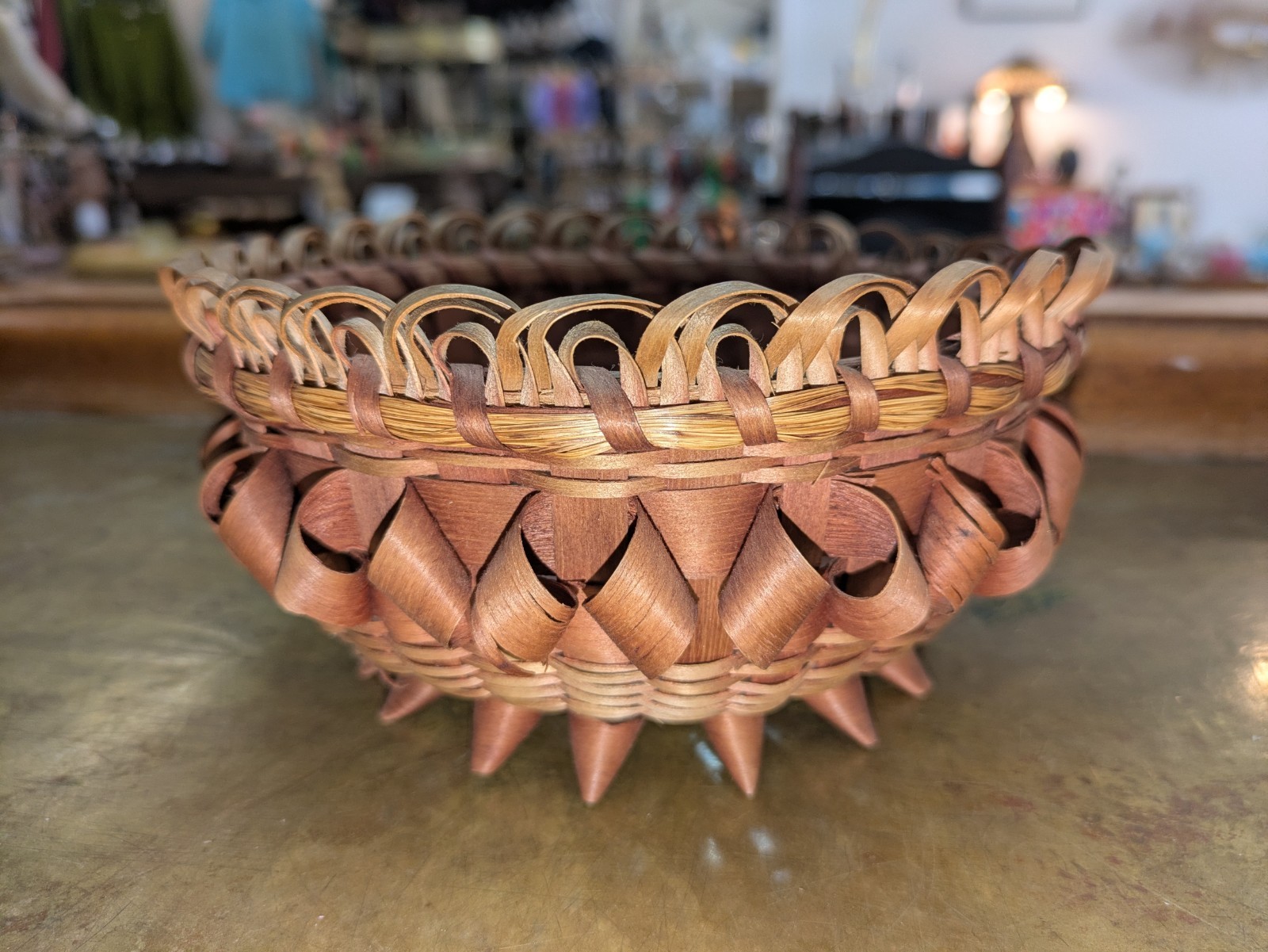 Antique Native American Black Ash Splint Fancy Basket Thistle Spiked Bottom...