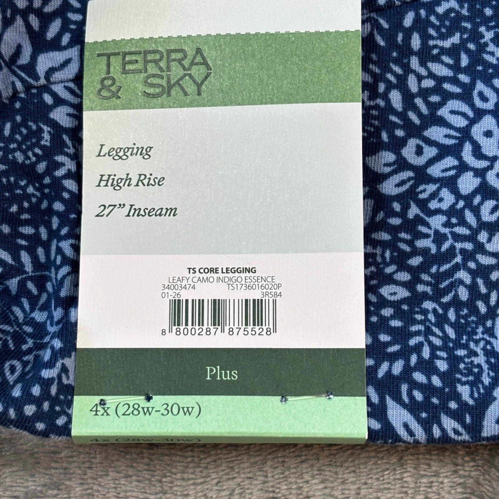 Terra & Sky Womens 4X Plus High Rise Leggings Leafy Camo Indigo Blue TS173601602 Terra & Sky Womens 4X Plus High Rise Leggings Leafy Camo Indigo Blue TS173601602