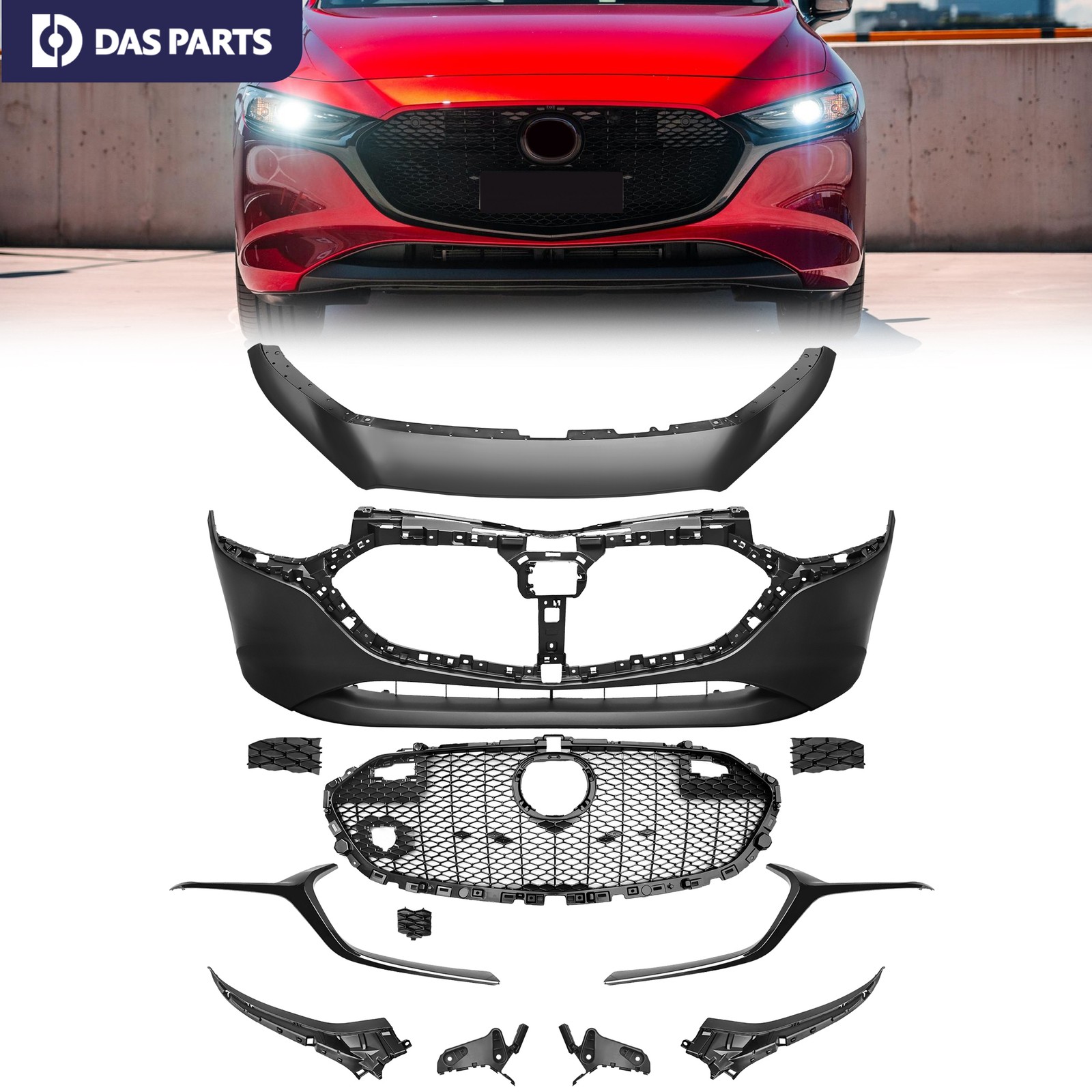 For 2019-25 Mazda 3 US Model 2 Box Set Primed Front Bumper Cover Grille Trim Kit