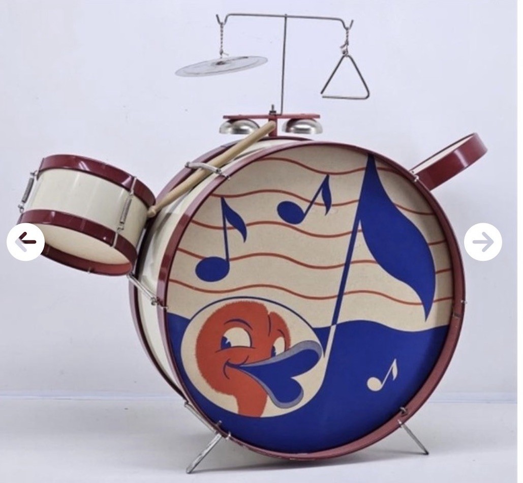 RARE 1940\'s Ohio Art Co. Toy Drum Set w/ Sticks W Bass Pedal