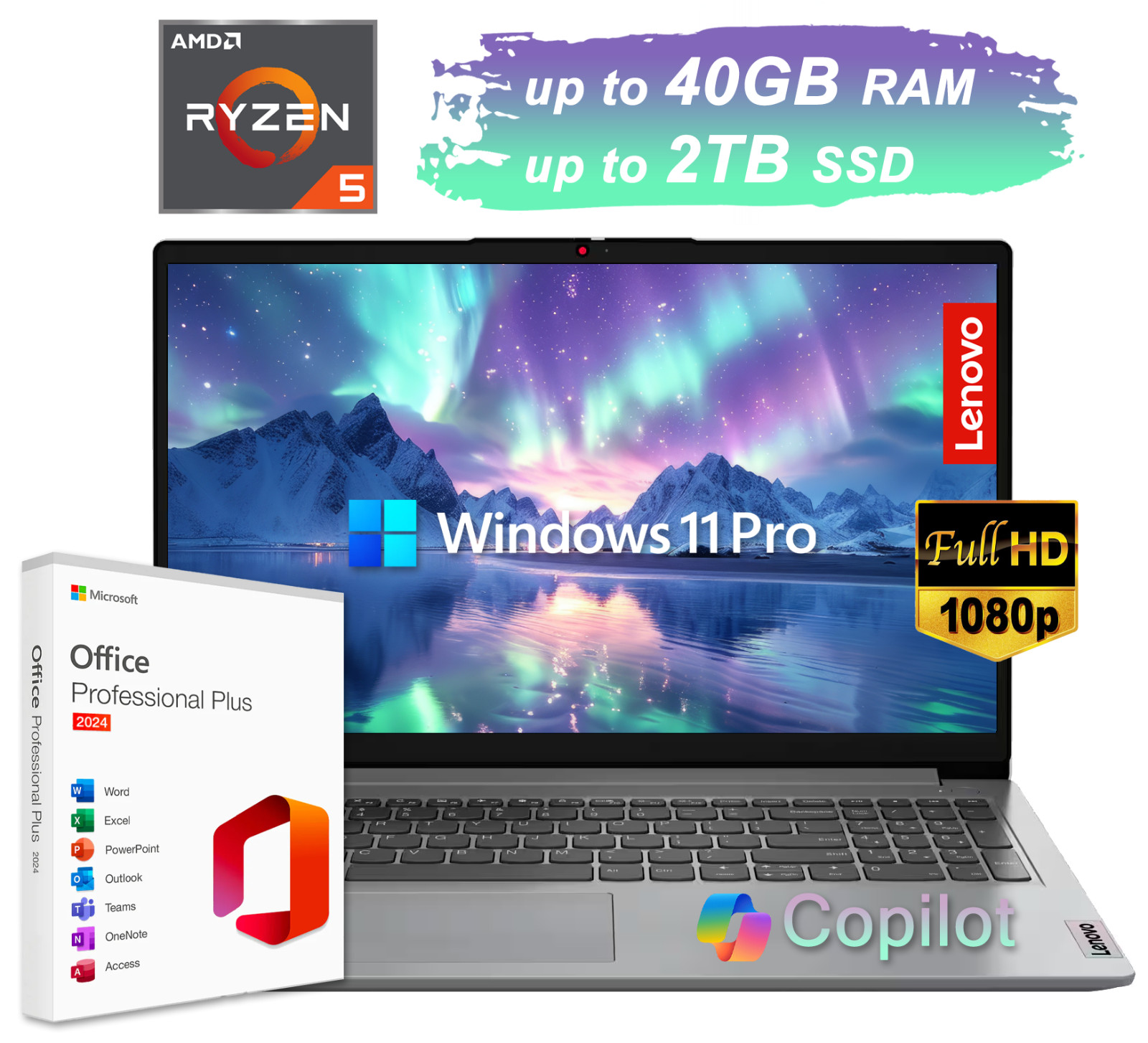 2026 Lenovo IdeaPad Laptop 15.6 FHD 6-Core Ryzen 5 Upto 40GB RAM&2TB SSD Win Pro