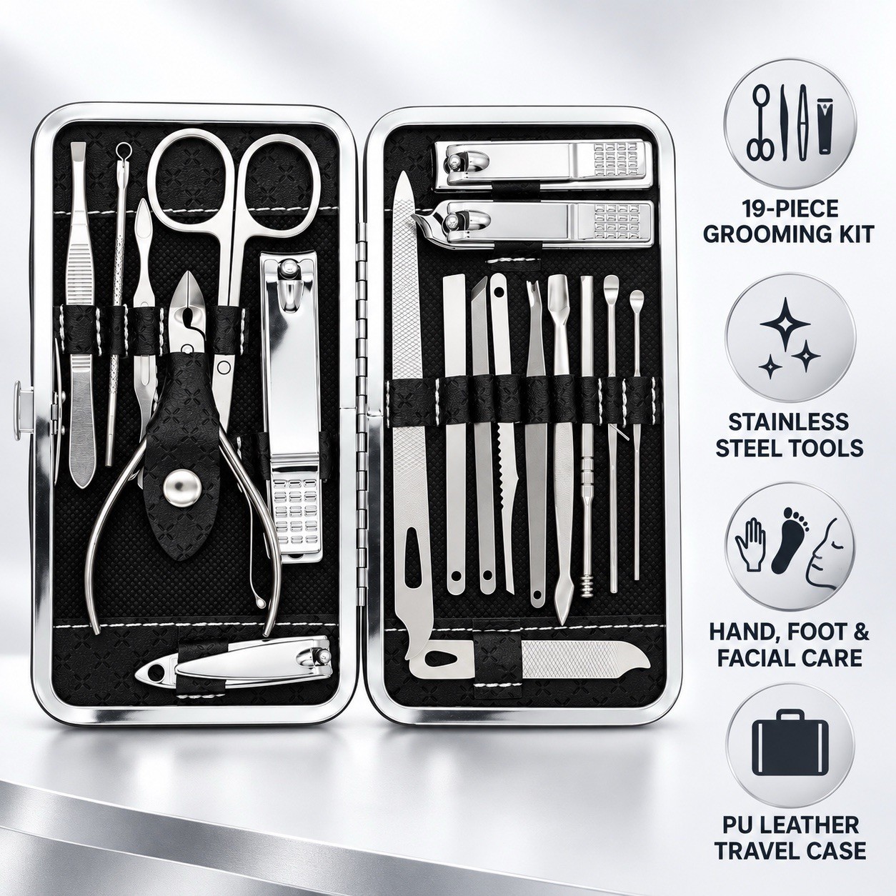 Men’s 19-Piece Manicure Pedicure Kit Stainless Steel Nail Clippers Travel Case