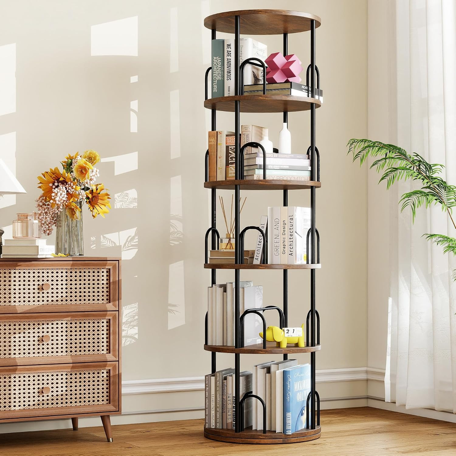 5 Tier Rotating Bookshelf Tower Spinning Bookshelf