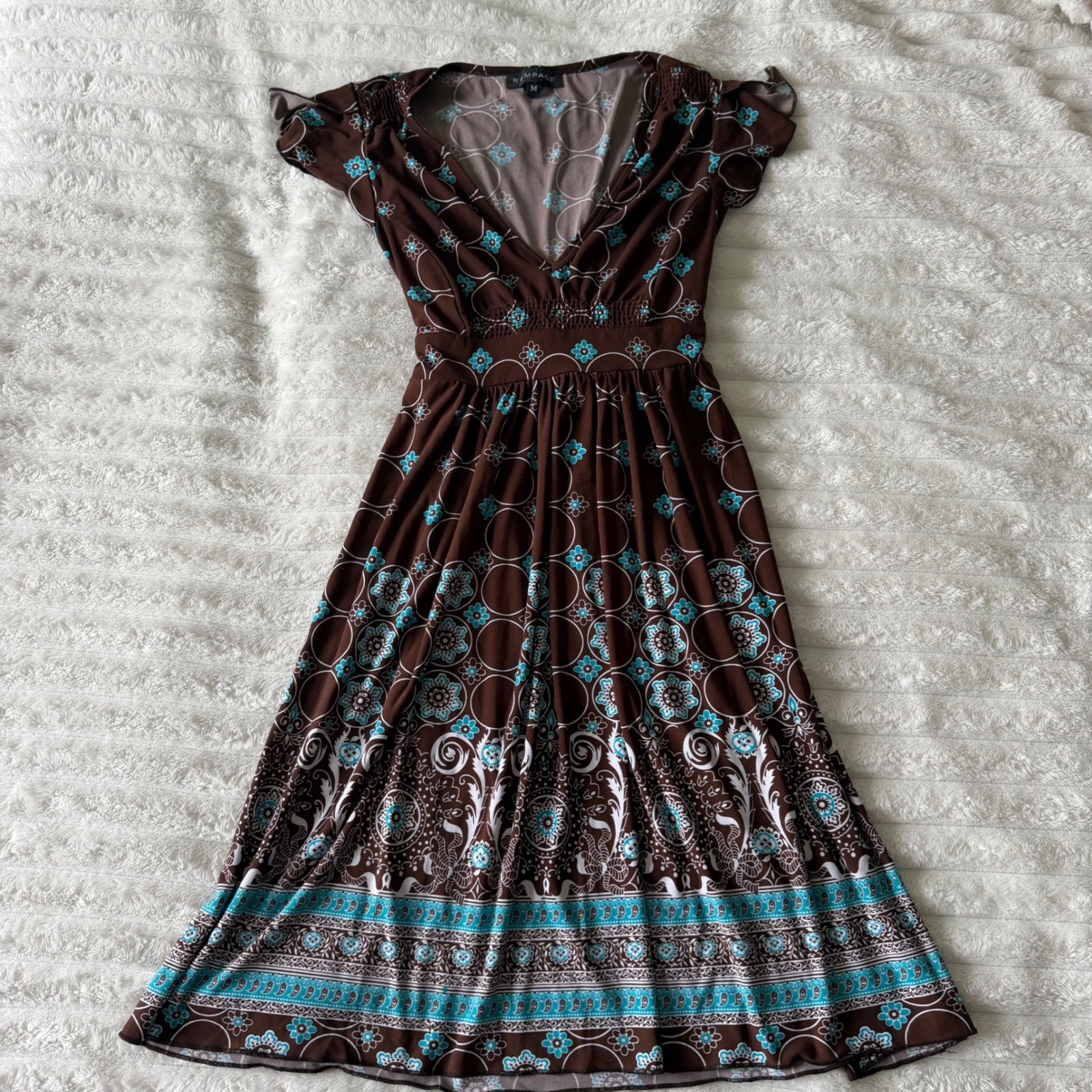 Y2K Rampage Brown Turquoise Floral V-Neck Flutter Sleeve Midi Dress Medium