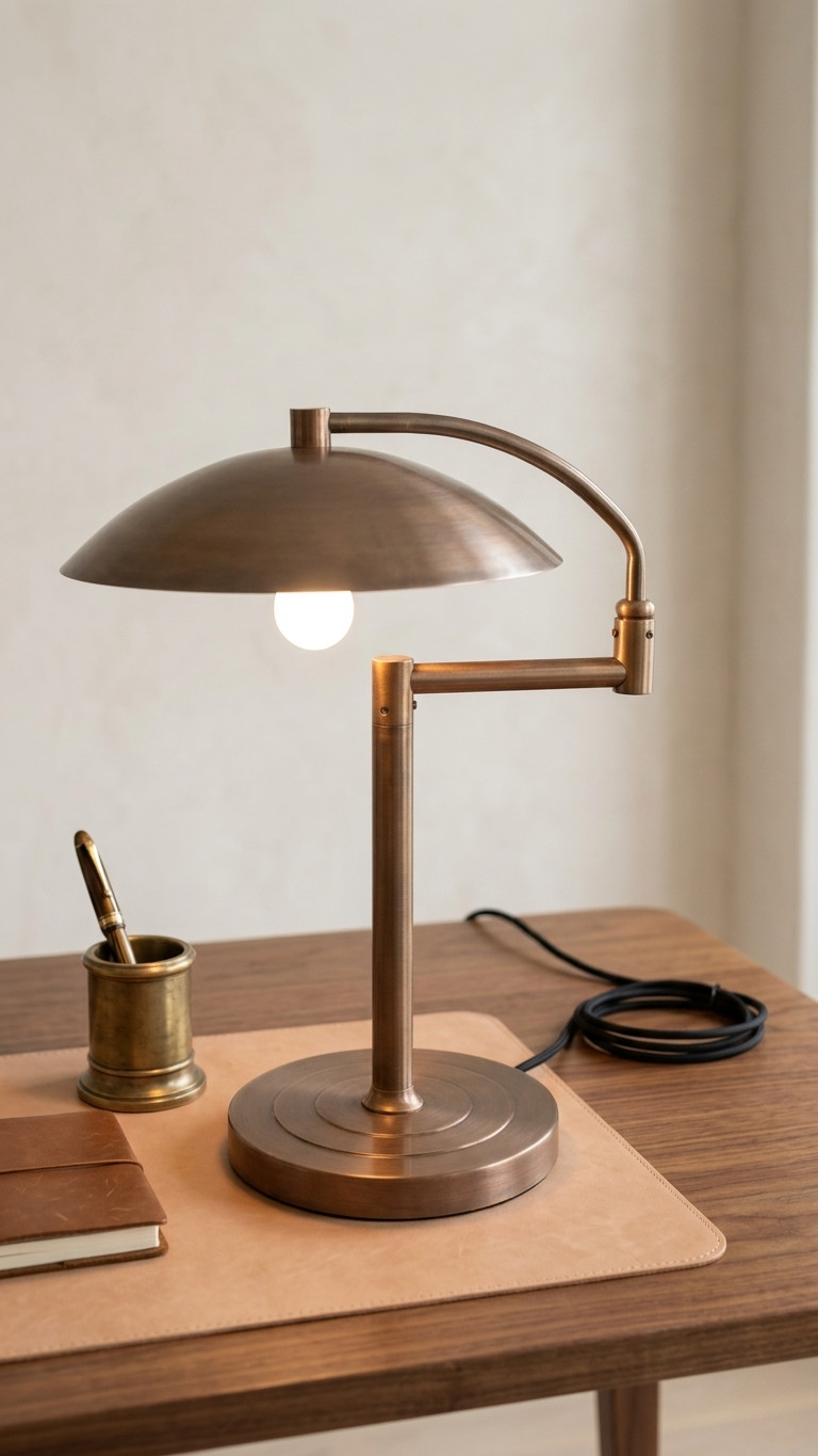 Personalized  1920s Modern Brass Table Lamp, Dome Shade Industrial Desk Light