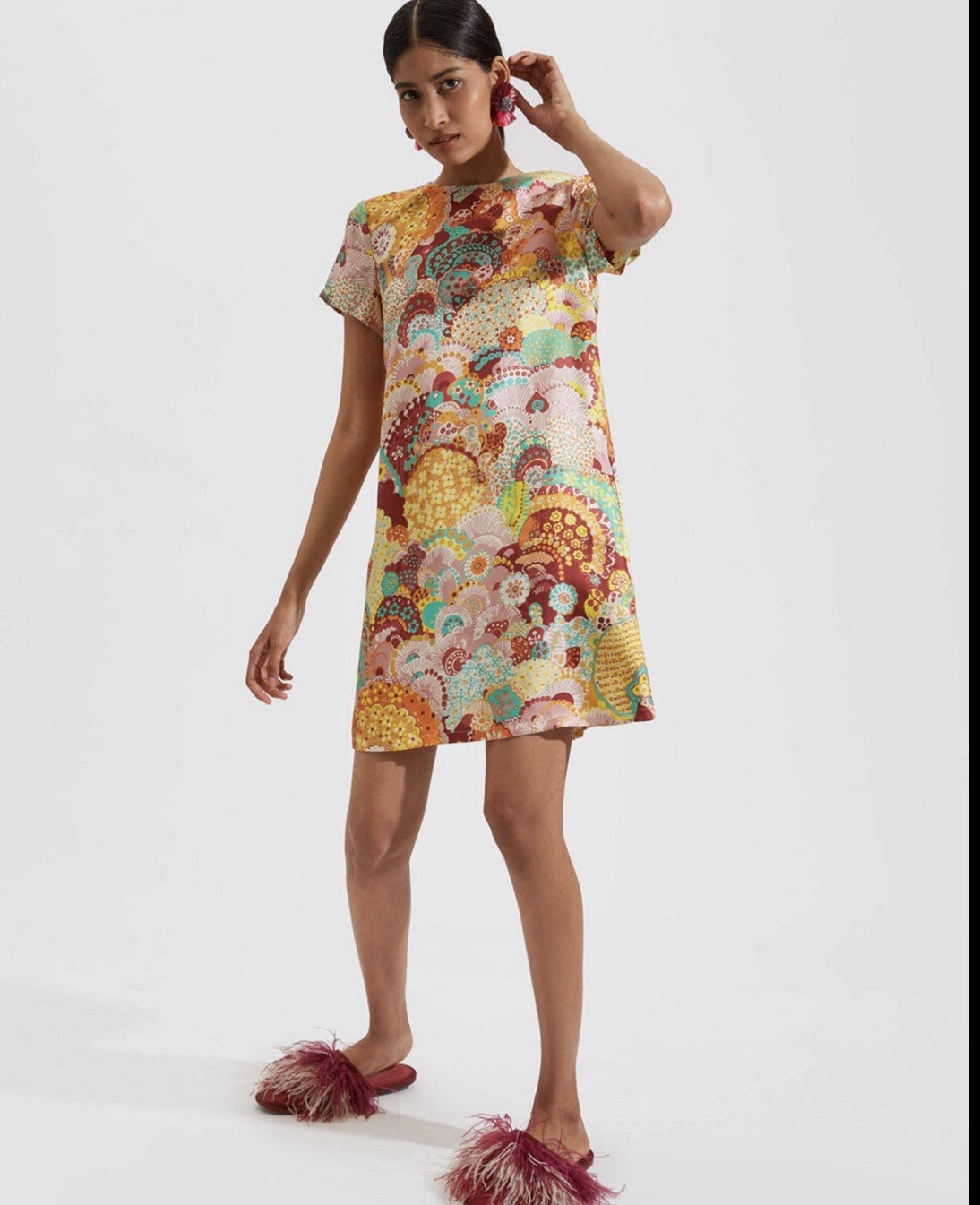 La DoubleJ Twill Silk Mini Swing Dress Short Sleeve Holi Yellow Multi Size XS