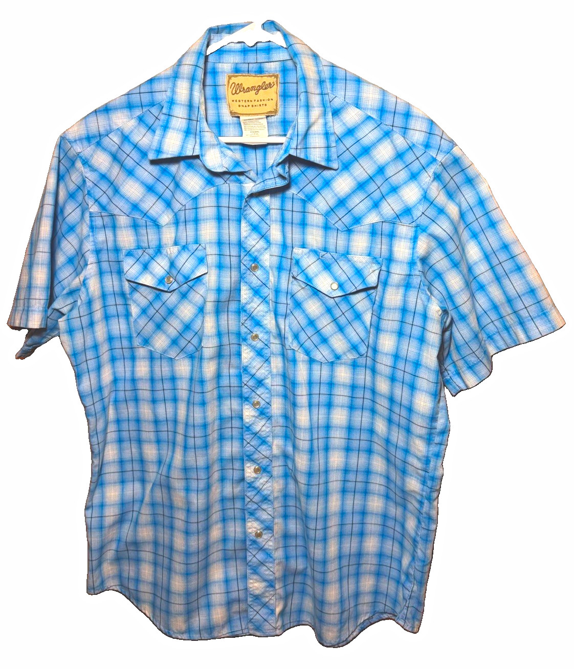 Wrangler Men\'s Western Snap Button-Up Shirt Plaid Blue/White Pockets Size Large