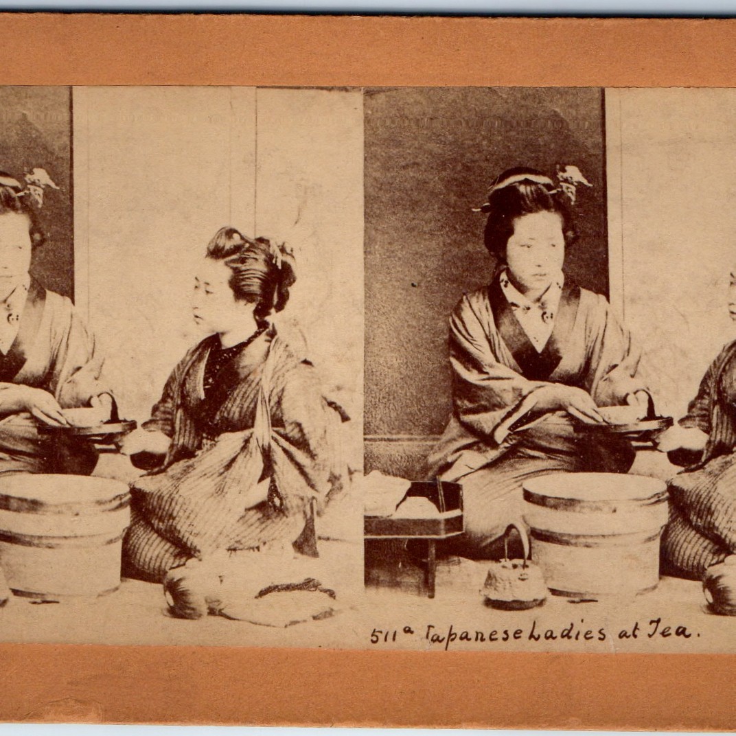 c1890s Japanese Ladies Tea Stereoview Ceremony Photo Antique Japan Kimono 511a