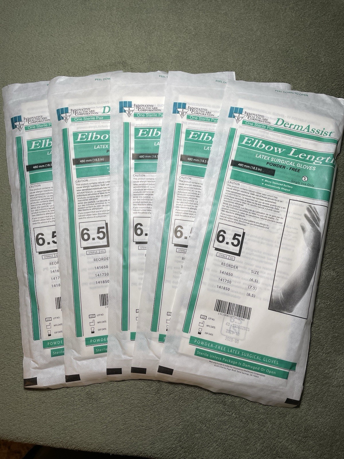 DermAssist Elbow Length Latex Surgical Gloves, 5 Pairs, Size 6.5