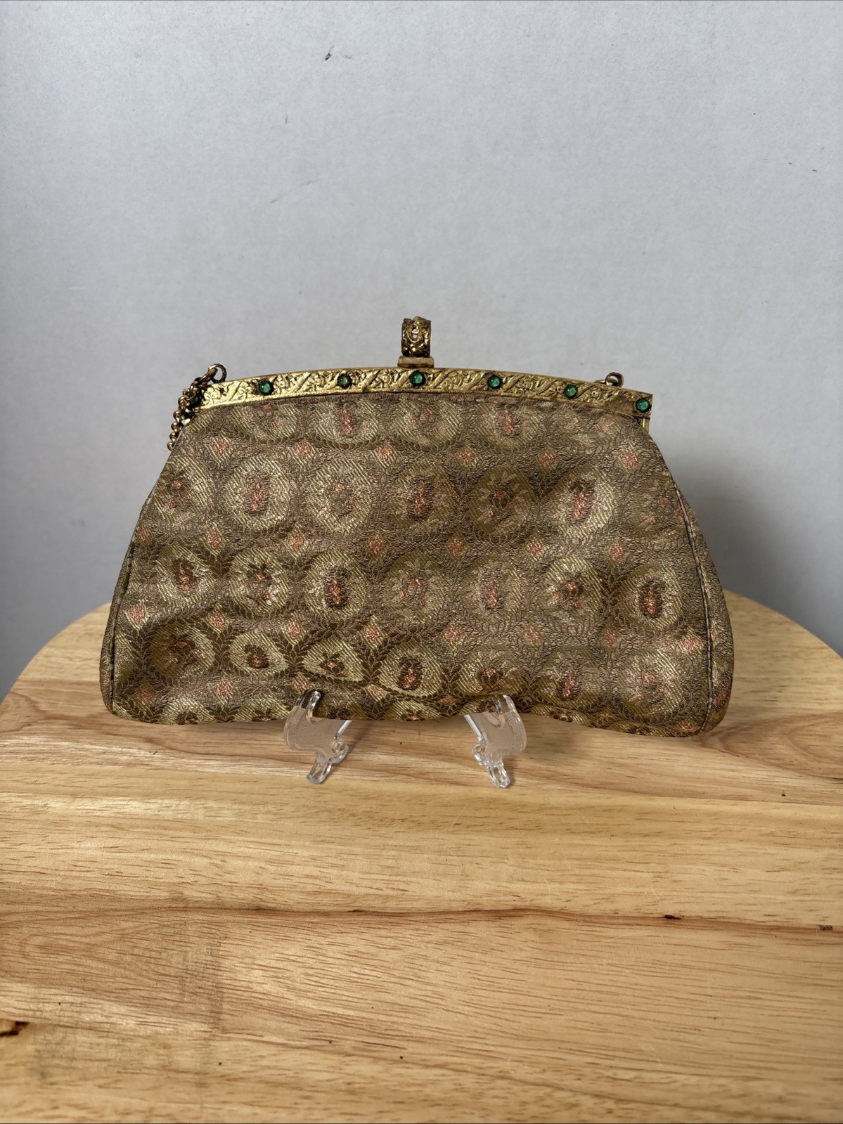 Vtg French Brocade Evening Bag Purse RS Paris Green Cabochon Jeweled Frame 5x8⁠