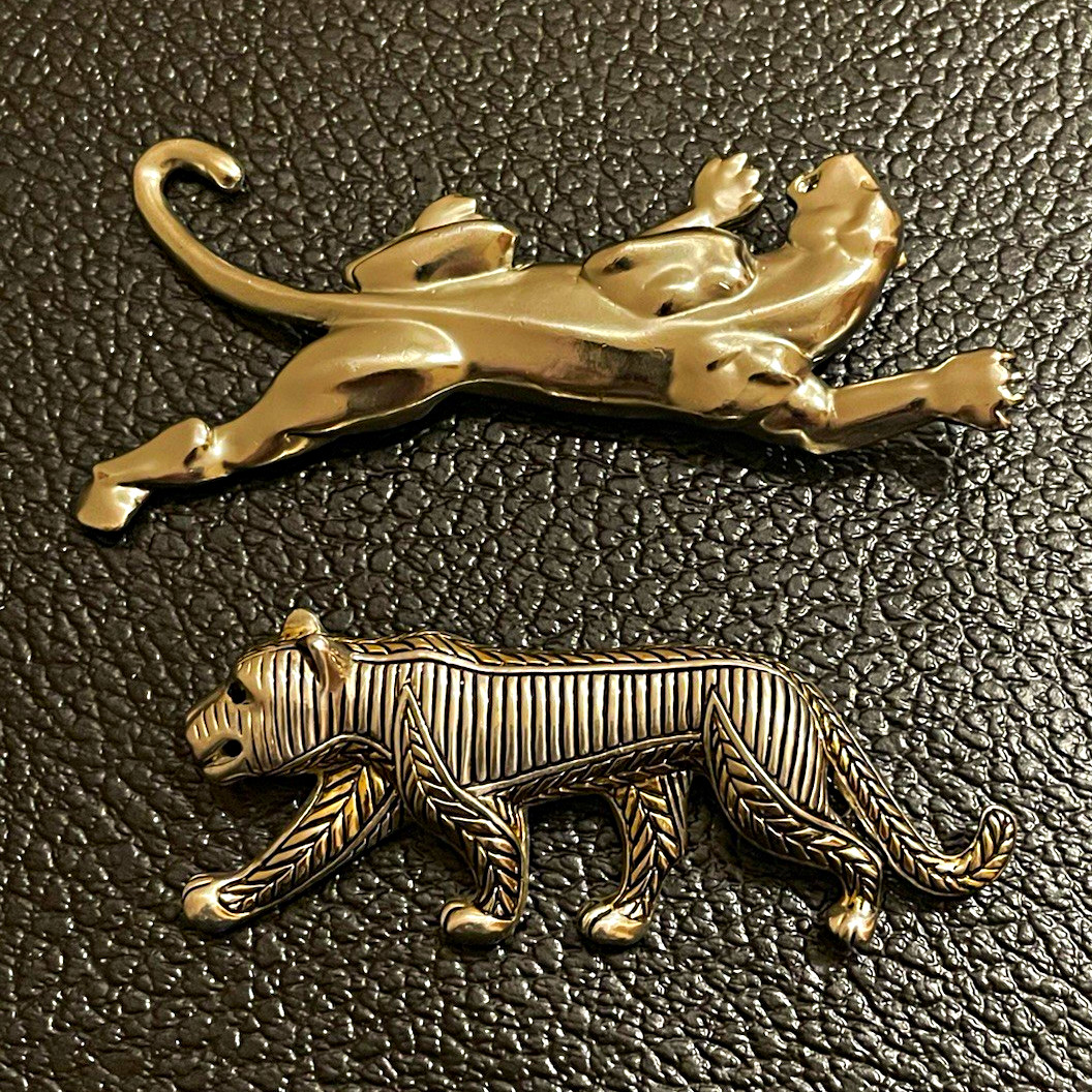 Vintage Lot of 2 Panther Brooches Chrome Leaping + Silver Tone Striped 1970s-80s
