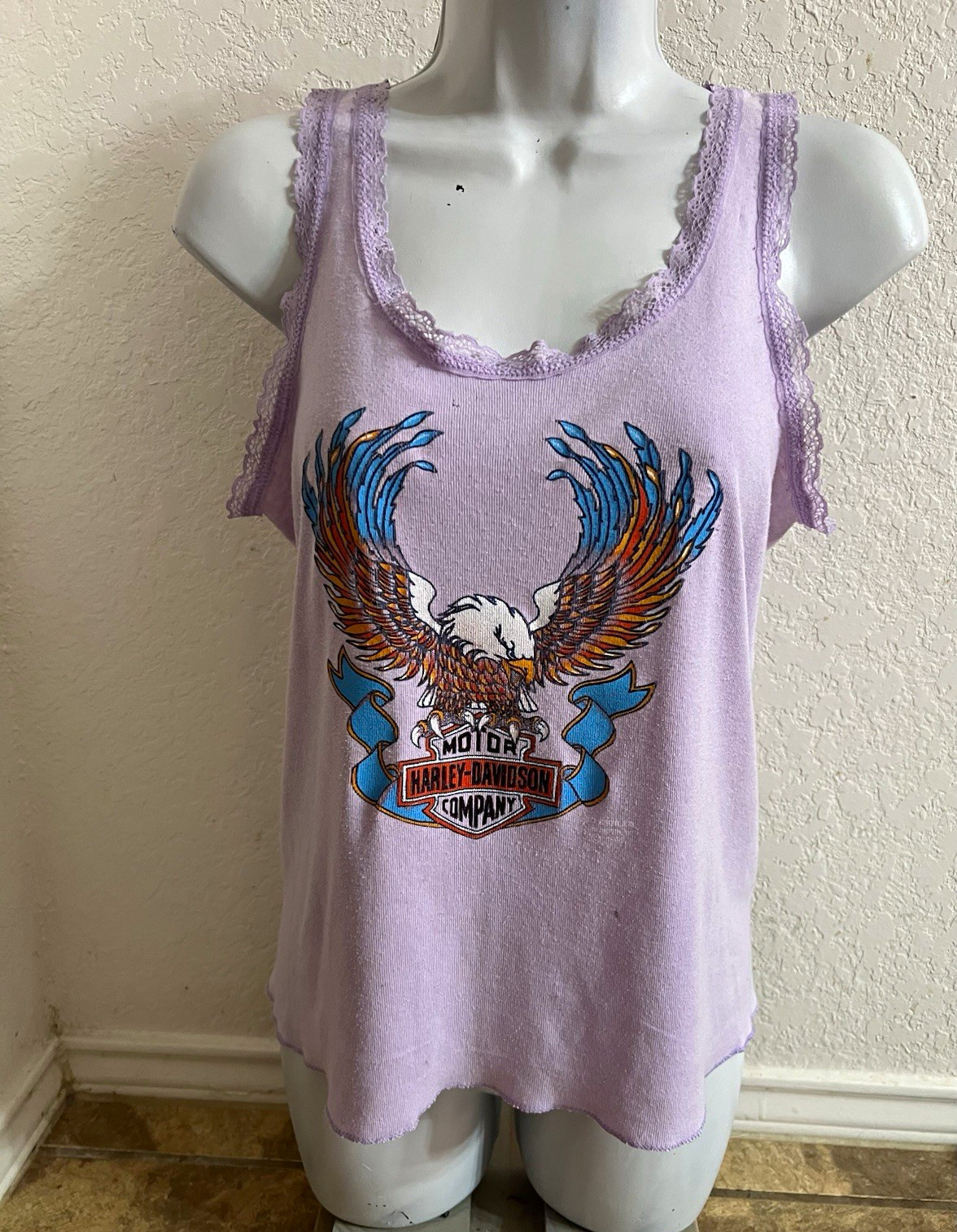 Vintage Rare Harley-Davidson Eagle Lace Trim Tank Top River City San Antonio TX