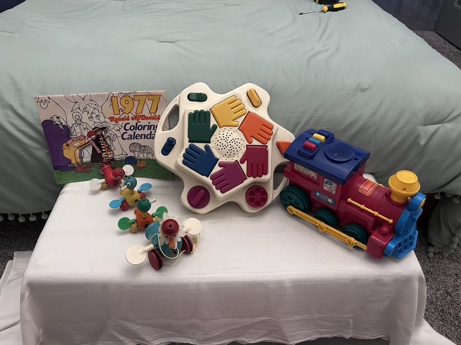 Vintage Fisher Price Duck / Bird Family Wooden Pull Toy , Peek a Boo, Train