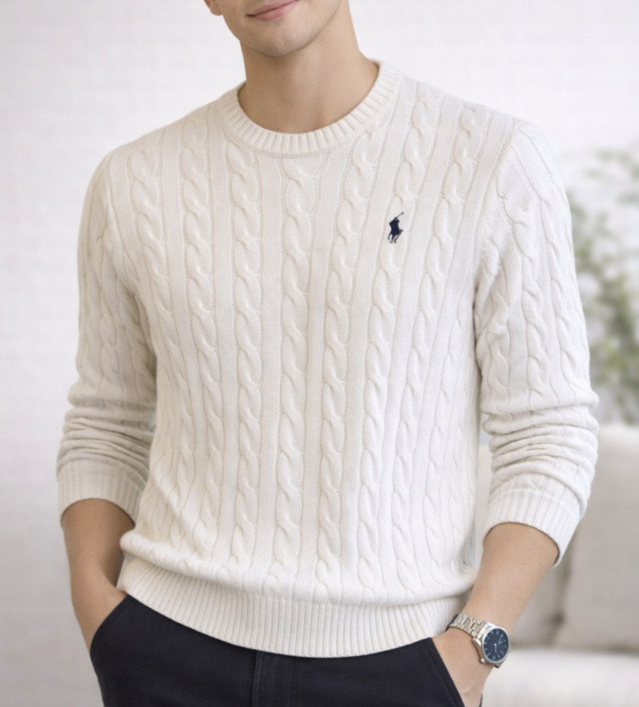 Polo Ralph Lauren Men’s Cotton Crew Neck Cable Knit Sweater Off White Size M NWT