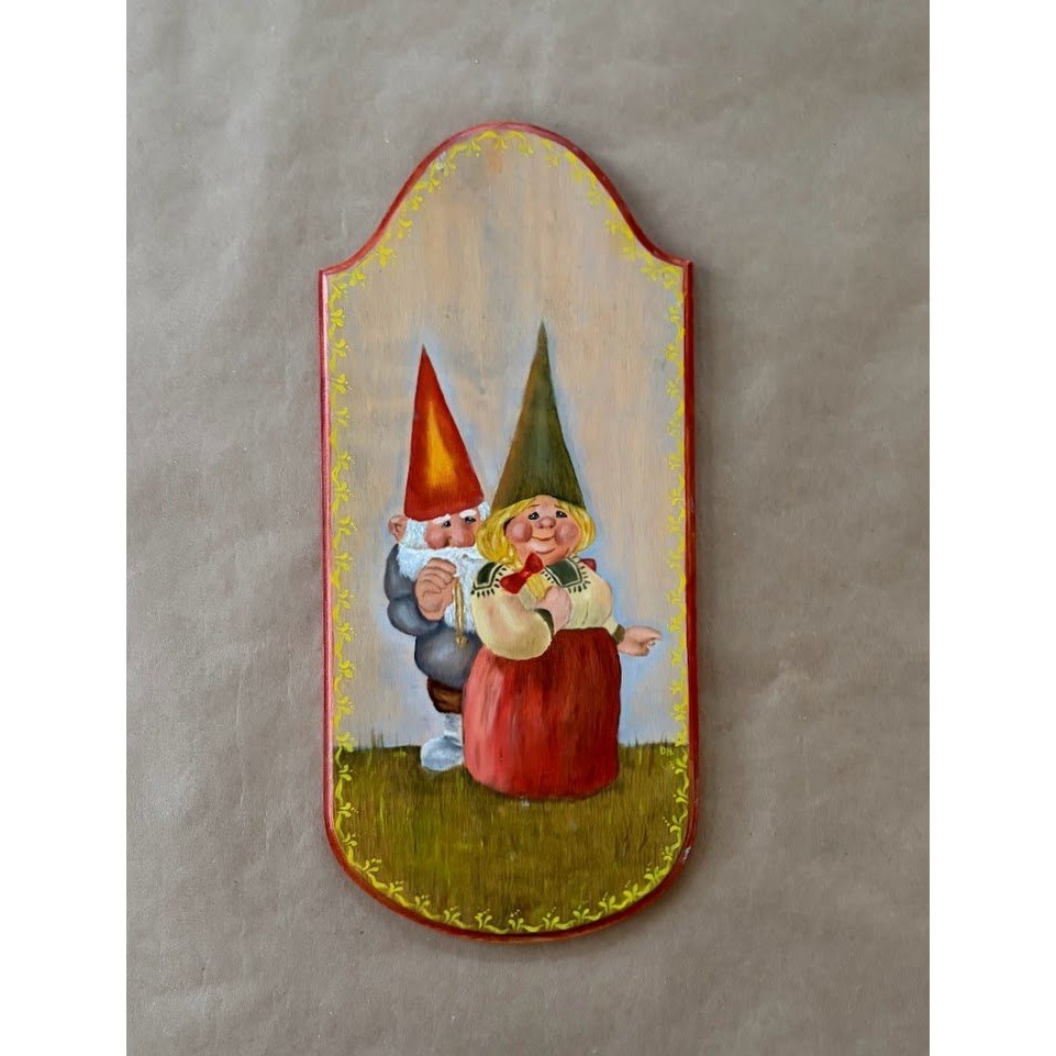 Vintage Hand Painted Wooden Gnome Wall Plaque Cottagecore Scandinavian Folk Art