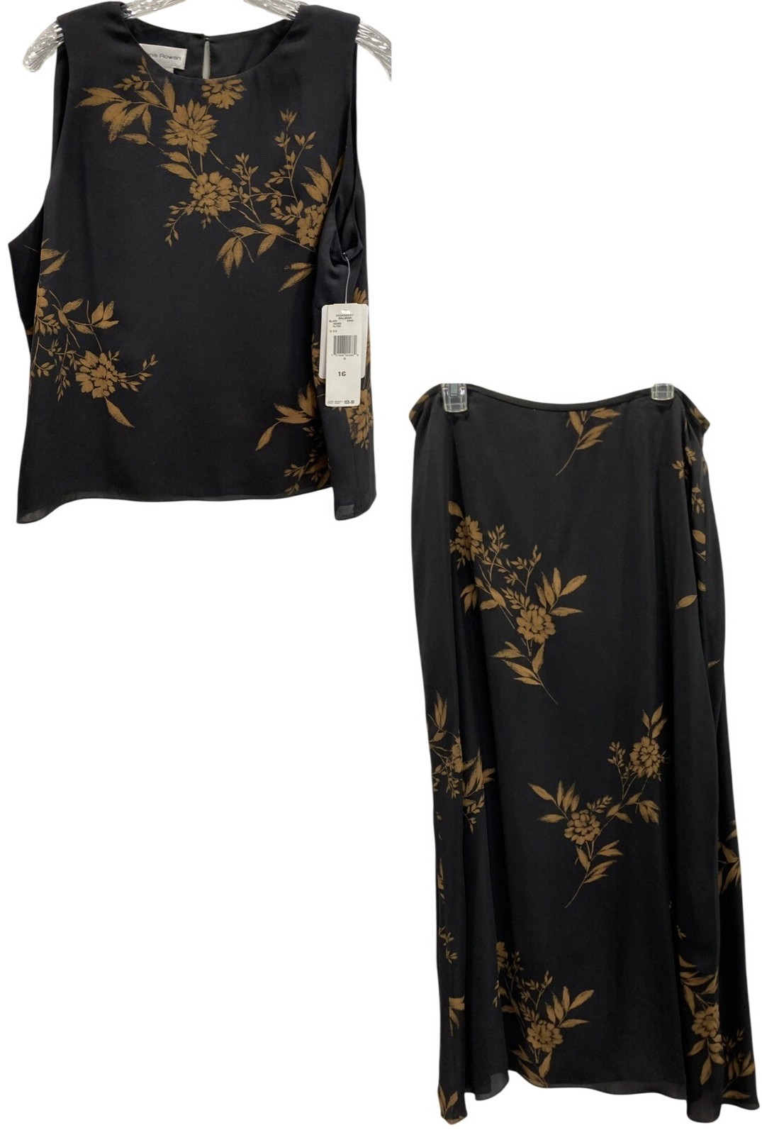 Vintage Rena Rowan Silk 2 Piece Skirt Set 16 Black Floral Romantic Quiet Luxury