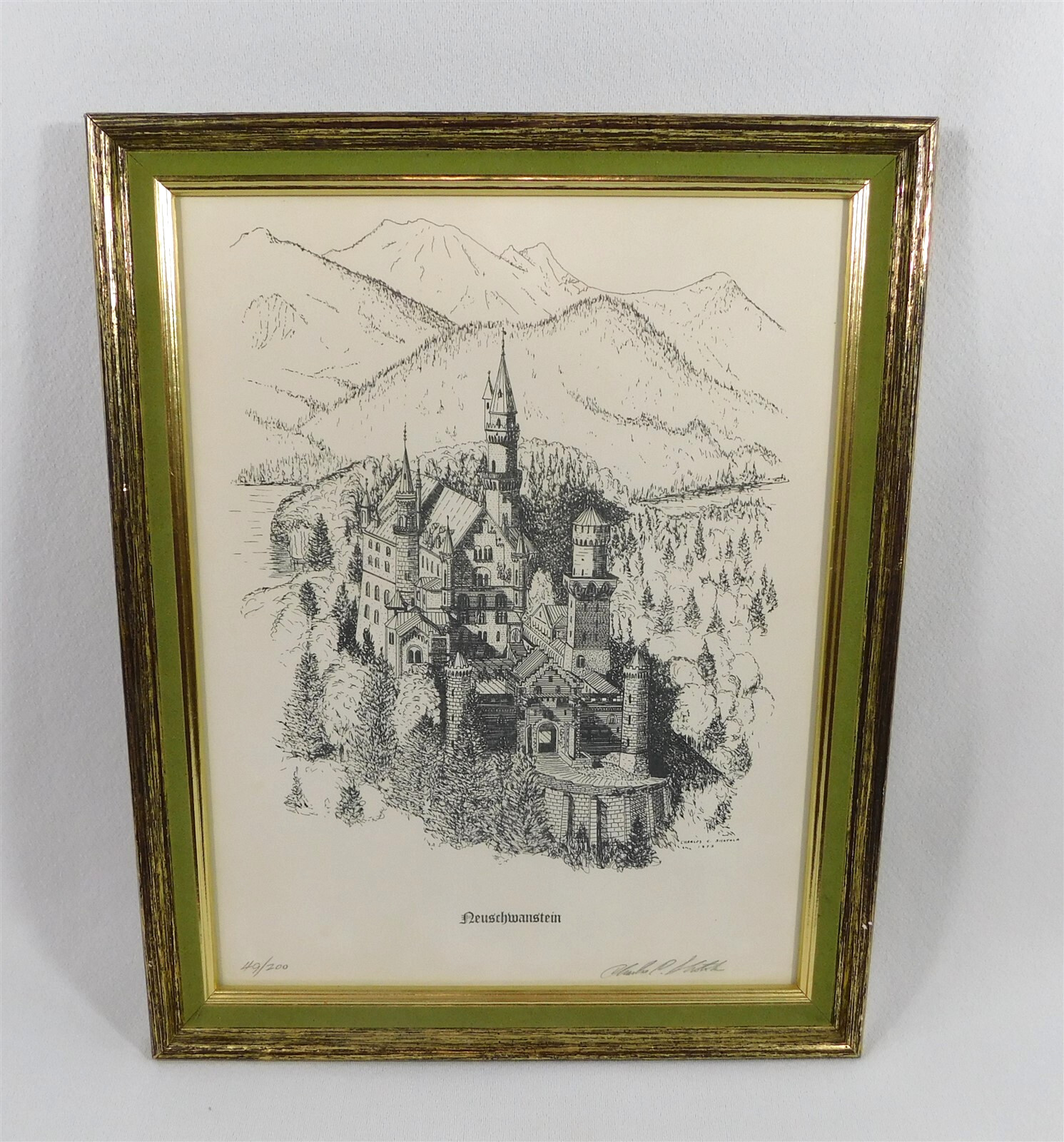 Vtg Neuschwanstein Castle Art Print Signed Numbered Charles C. Shotola 1972