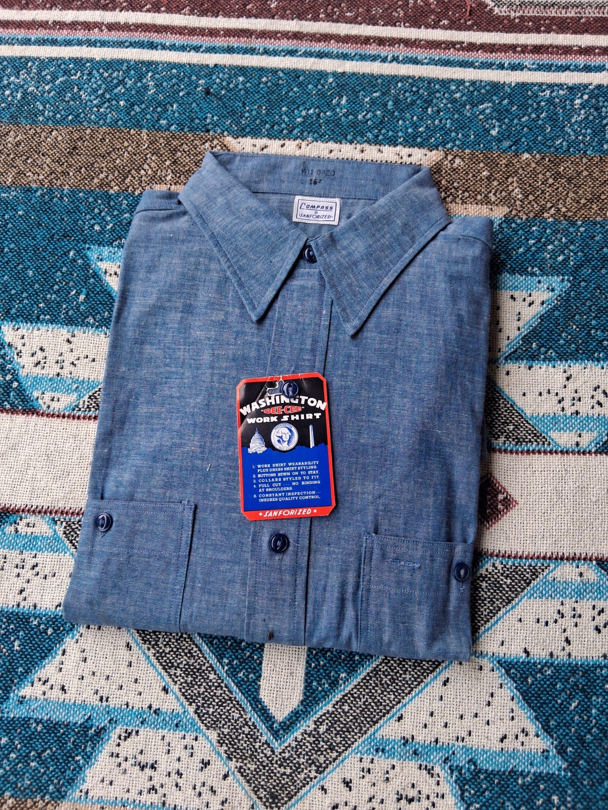 1950s Washington Dee Cee Compass Sanfordized Longsleeve Chambray Work Shirt... 1950s Washington Dee Cee Compass Sanfordized Longsleeve Chambray Work Shirt...