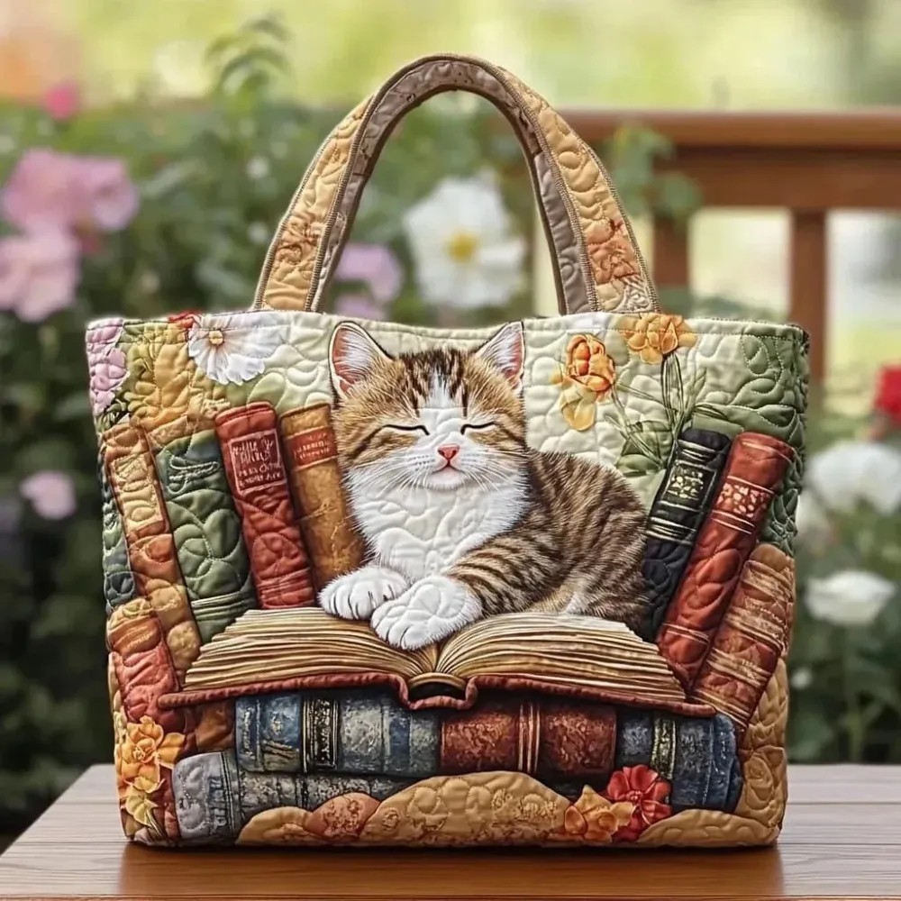 Women\'s Quilted Tote Bag Witch Cat Pumpkin Halloween Shoulder Handbag Large Gift
