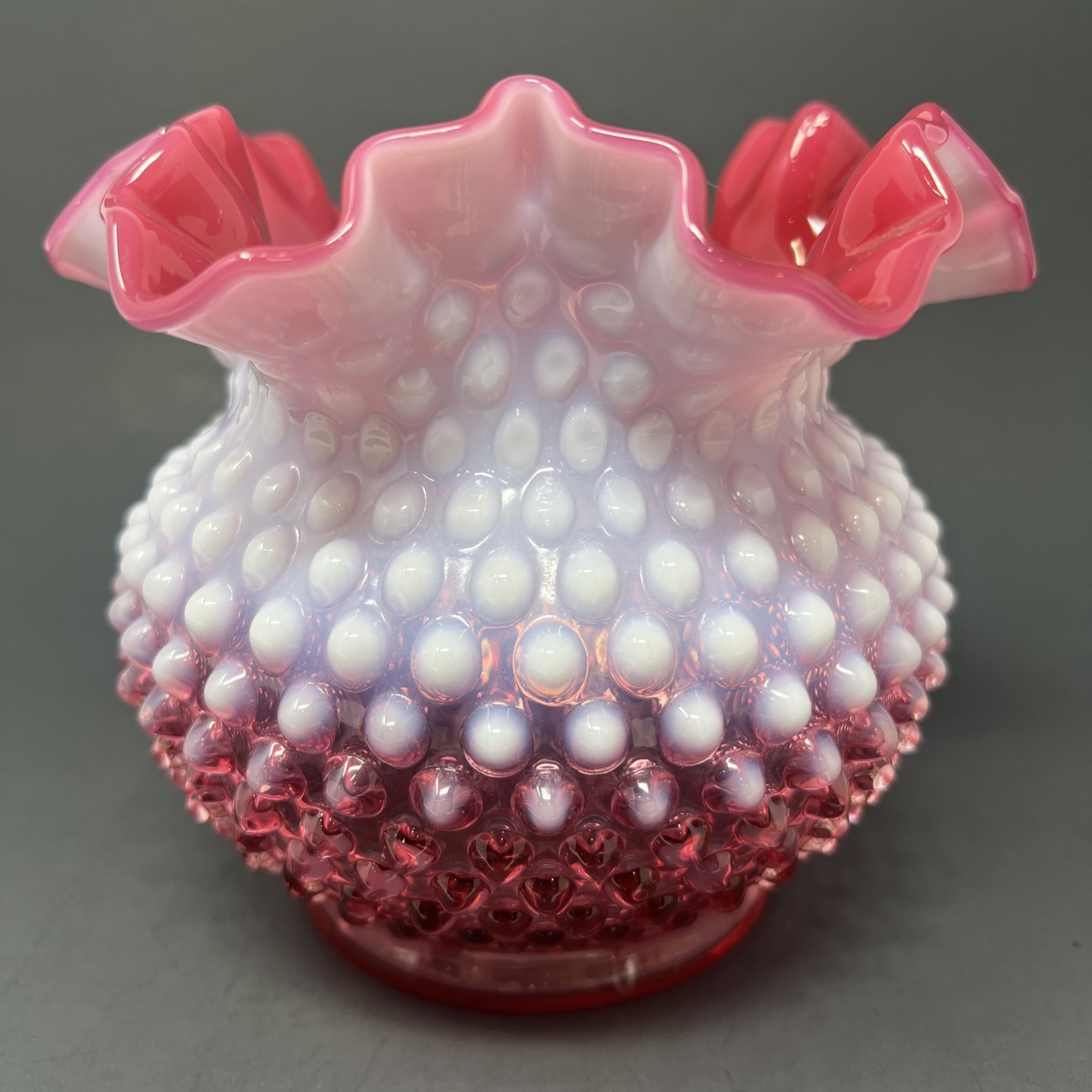 Vintage Fenton Frosted Opalescent Cranberry Hobnail Ruffled Rim Vase 5” X 6”