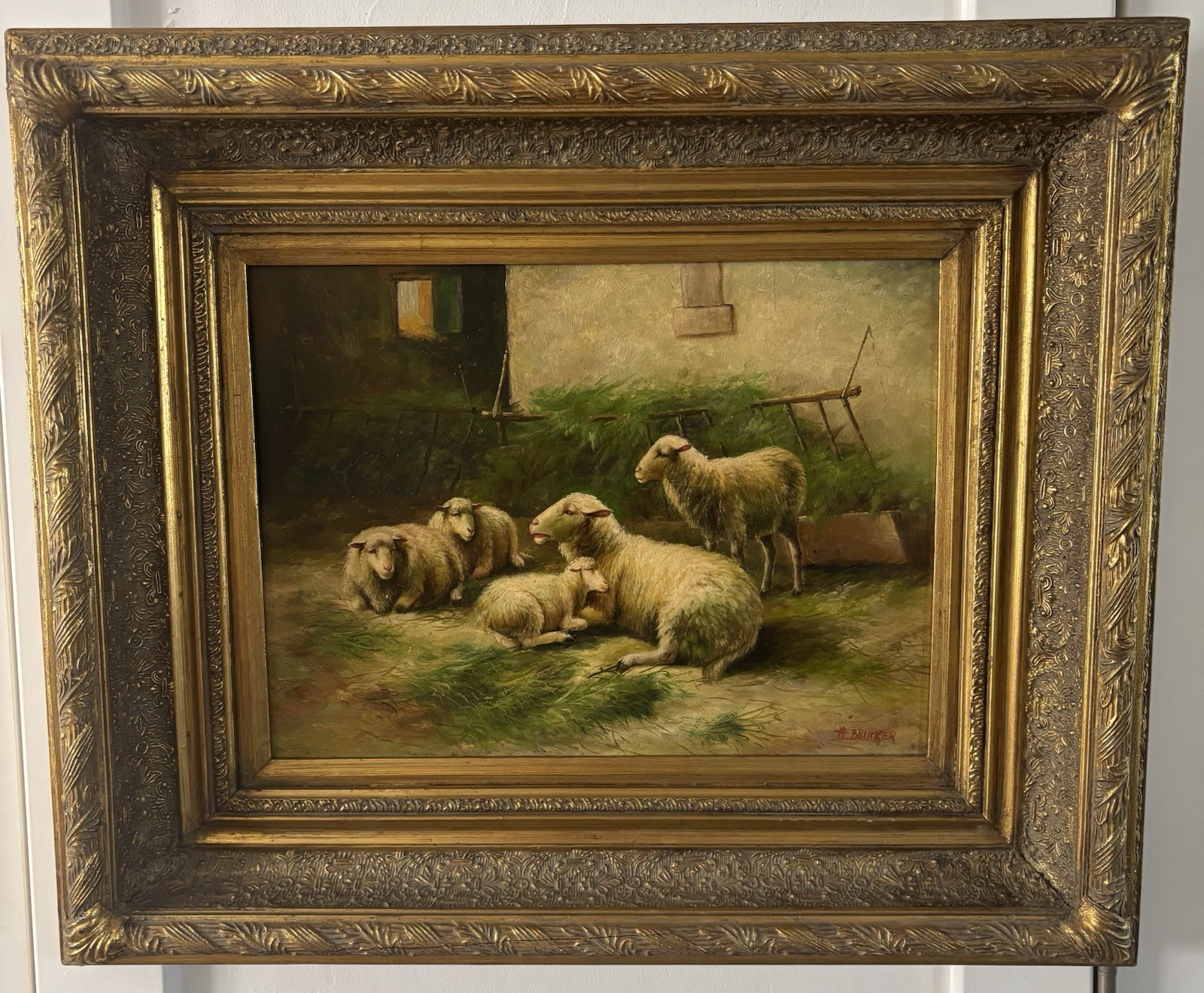 Antique Large 19th Century Sheep In Barnyard Original Oil Painting