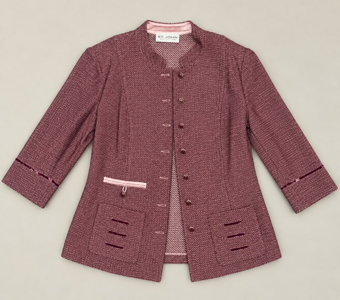 St. John Collection Burgundy Tweed Knit Jacket with Pink Trim