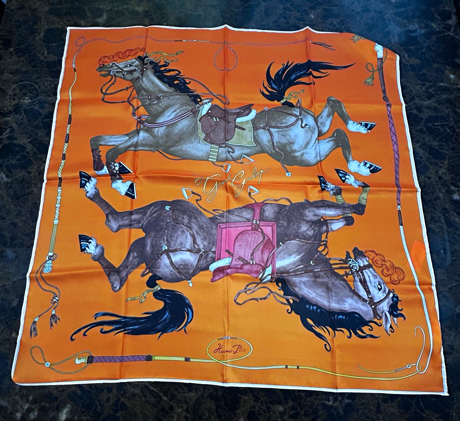 Hermès Paris Orange Silk Satin Square Scarf Horse Animal Print Logo