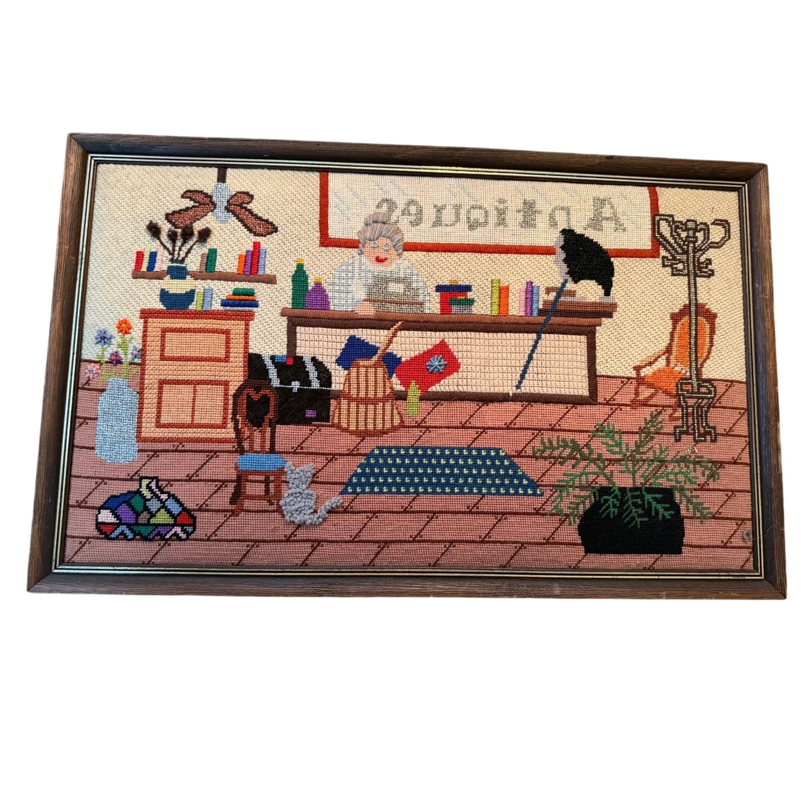 VTG Handmade Needlepoint Grandmother Antique Shop Framed Textile Multi Texture