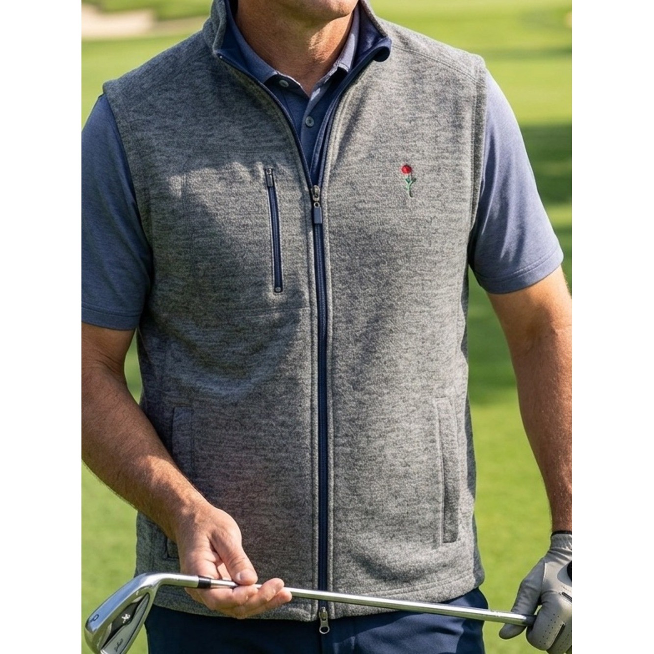 Johnnie-O Mens Gray Heathered Full Zip Golf Vest Gray Large Flag Logo