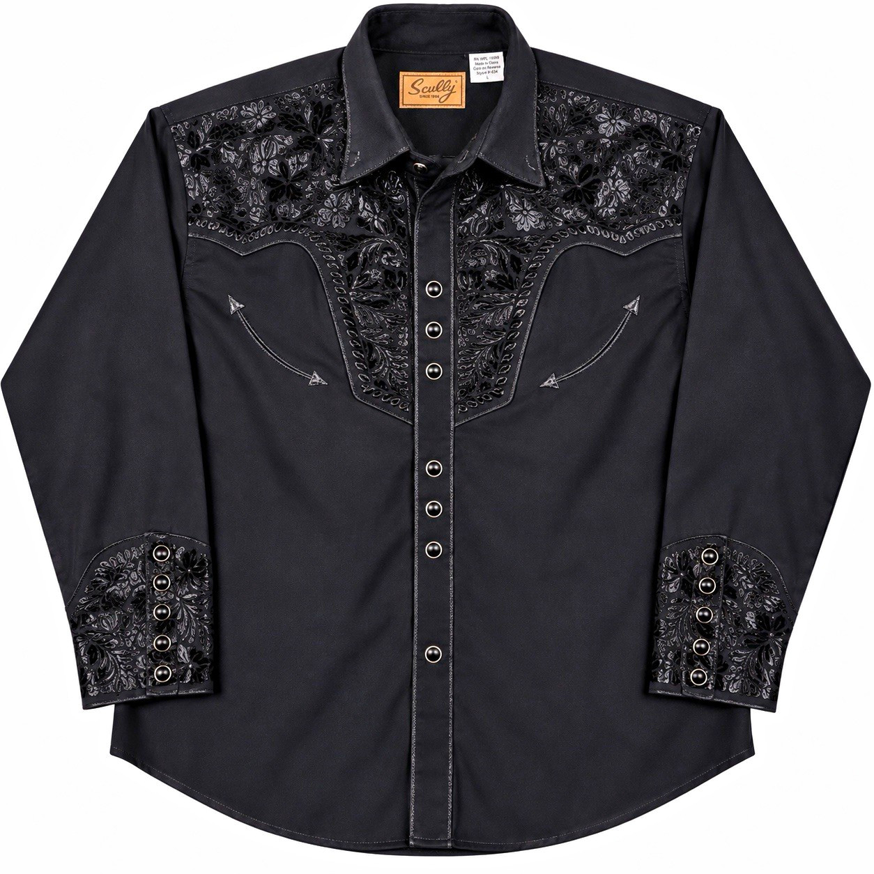 Scully Black Western Shirt – Men’s Large – Embroidered / Floral – Pearl Snap