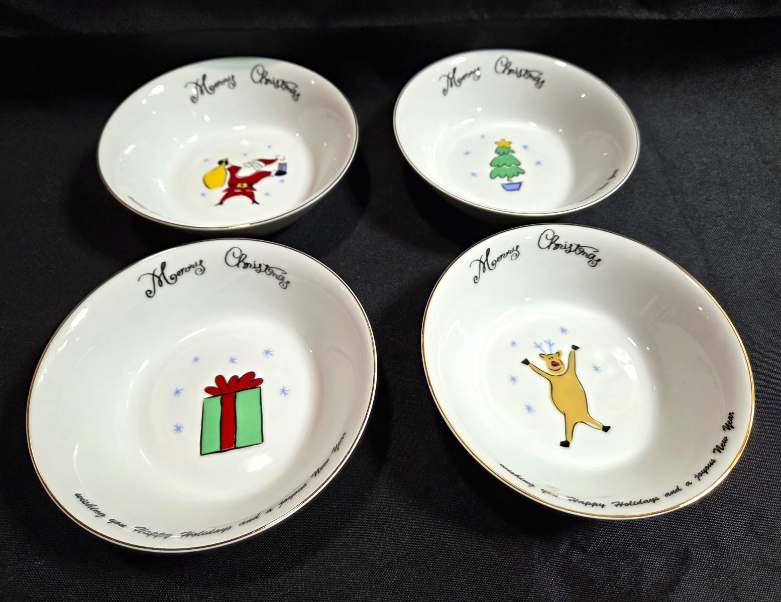 4 Vtg Merry Brite Christmas Soup Bowls Set Santa Reindeer Tree Porcelain Gold