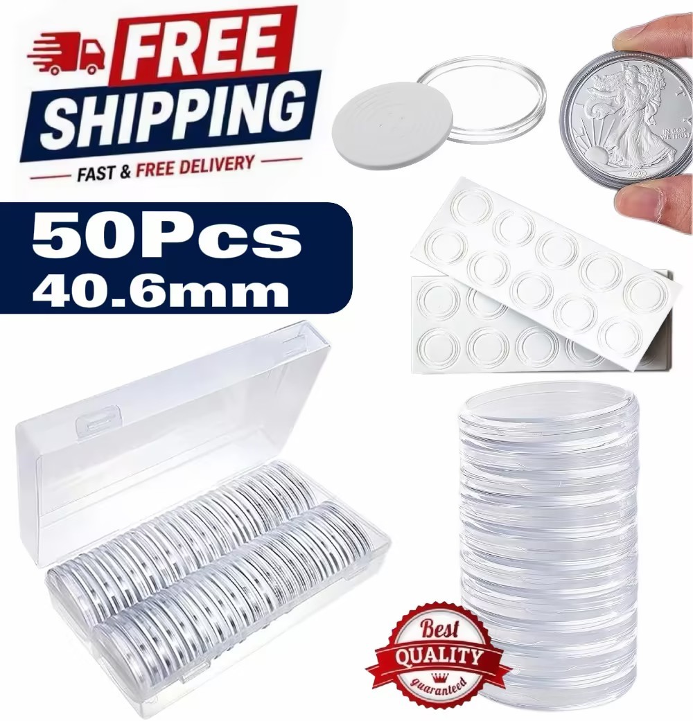 50Pcs,40.6MM Clear Round Coin Capsules Plastic Coin Holders &White Gaskets & Box