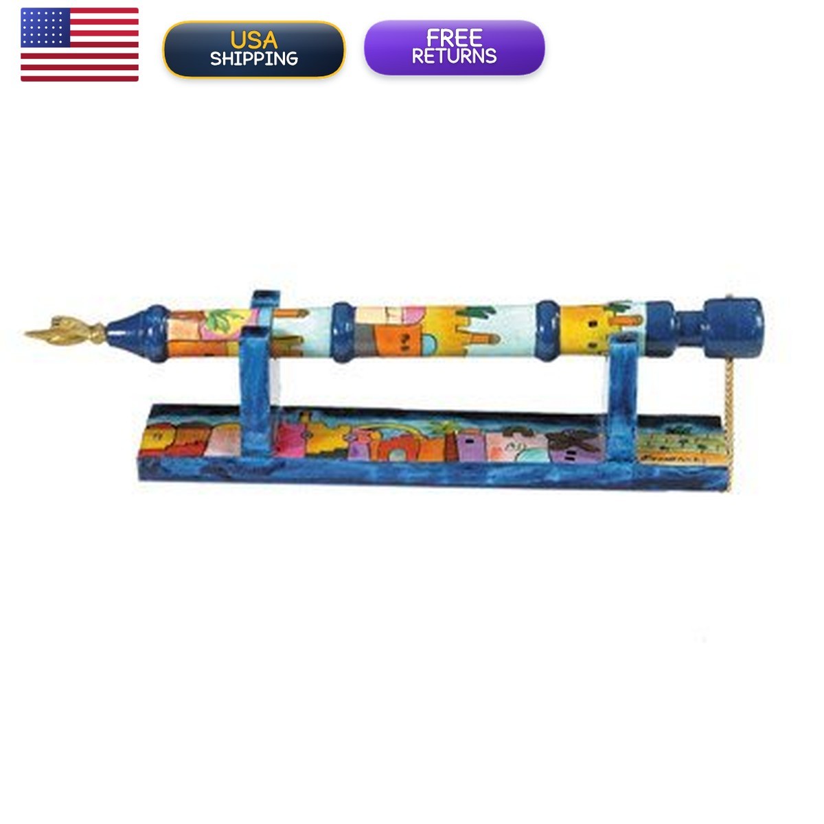 Yair Emanuel Hand Painted Wooden Yad - Torah Pointer Stand Jerusalem Design