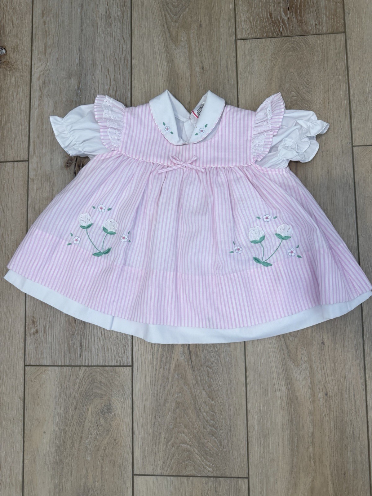 Vintage Baby Girl Dress 24M Pink Stripe Floral Embroidered Peter Pan Collar