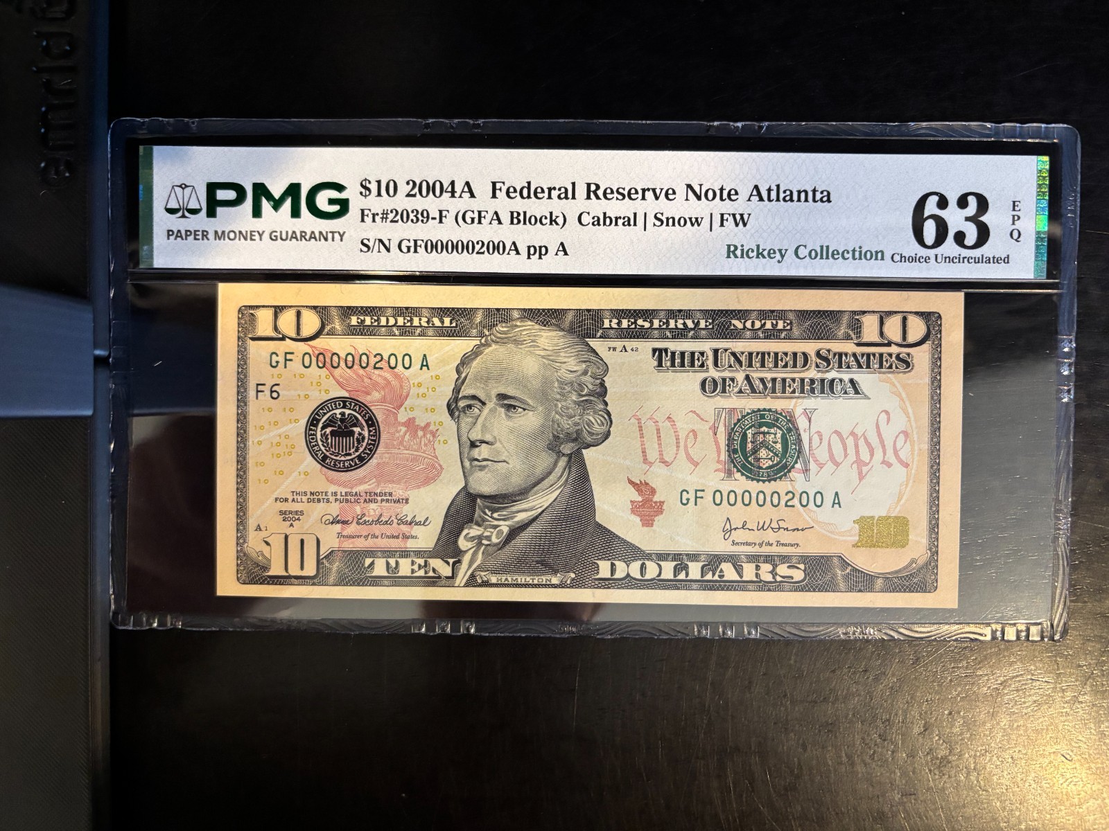 DBR 2004-A $10 Atlanta Fr. 2039-F PMG 63 EPQ Seven Zeroes Low Serial GF00000200A