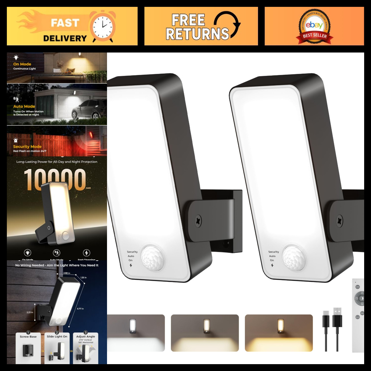 2 Pack Rechargeable Motion Sensor Outdoor Lights, Remote Control, 3 Modes, Dimma