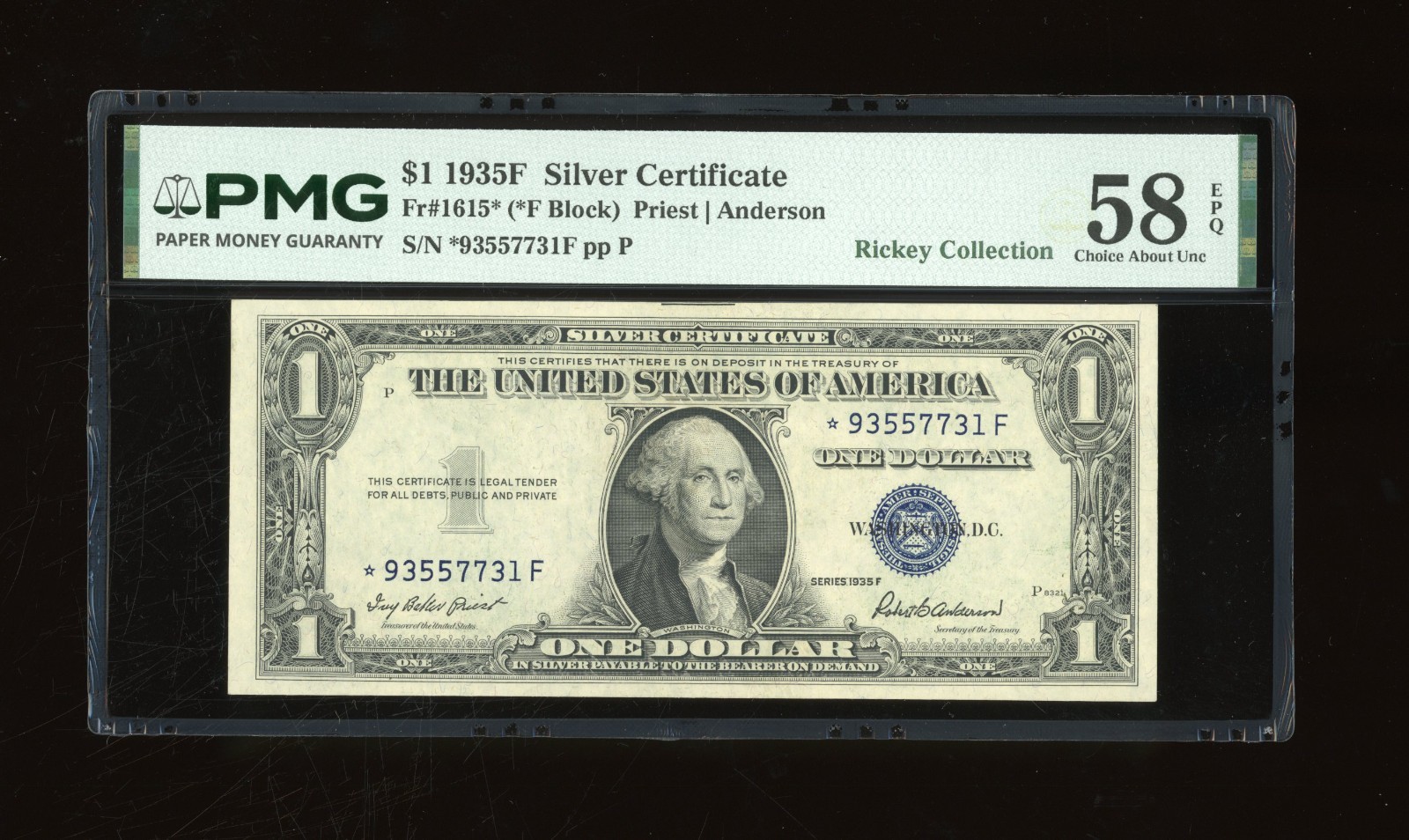 DBR $1 1935-F Silver STAR Fr. 1615* PMG 58 EPQ Serial *93557731F DBR $1 1935-F Silver STAR Fr. 1615* PMG 58 EPQ Serial *93557731F