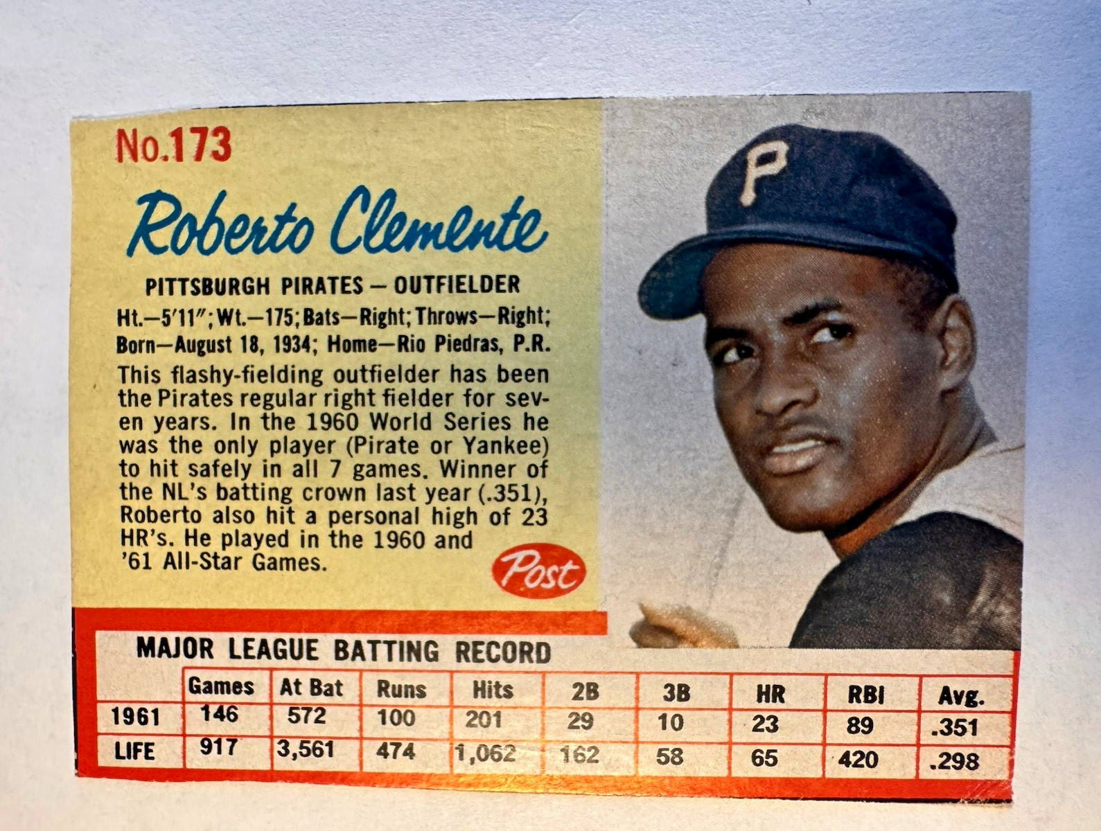 Post 1962 Roberto Clemente Pittsburgh Pirates Base Set Original #173