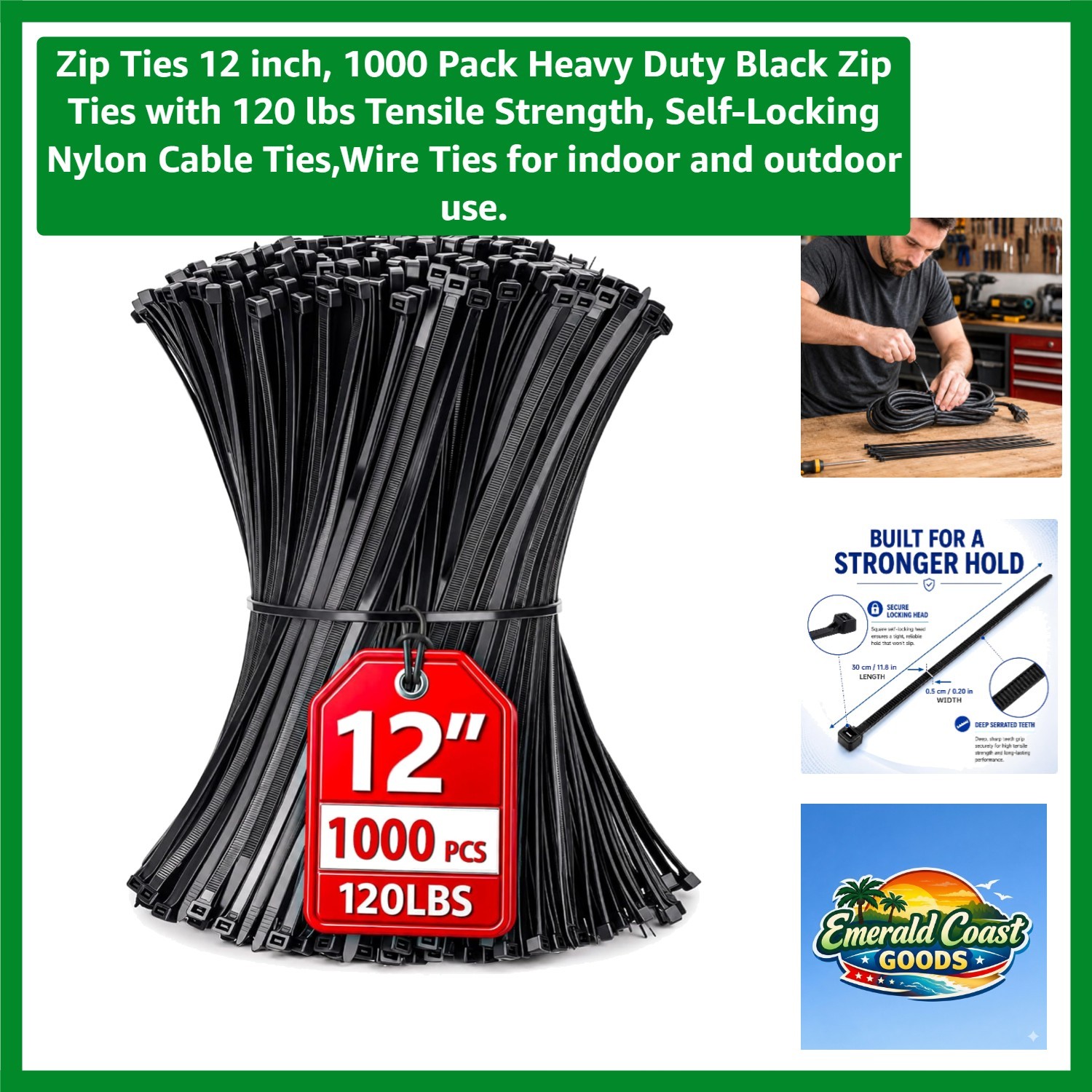 120 lbs Tensile Strength Black Zip Ties - 1000 Pack for Indoor & Outdoor Use