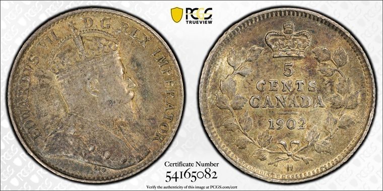 1902-H Canada 5 Cents PCGS AU58 Lot#G1987 Silver Small \'H\'