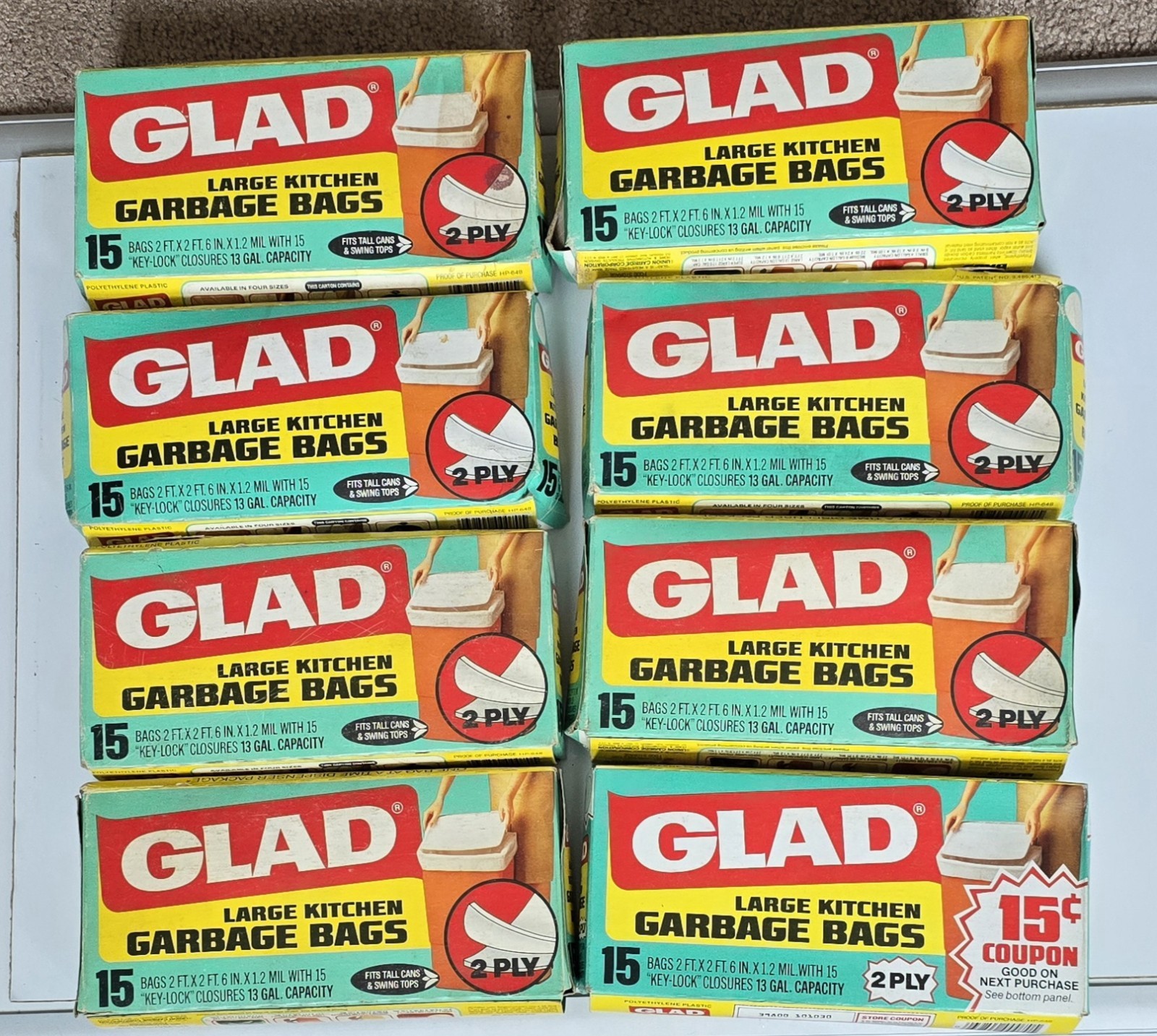 Vintage GLAD Large Kitchen Garbage Bags Lot 8 NOS 15 Ct 2 Ply Retro USA